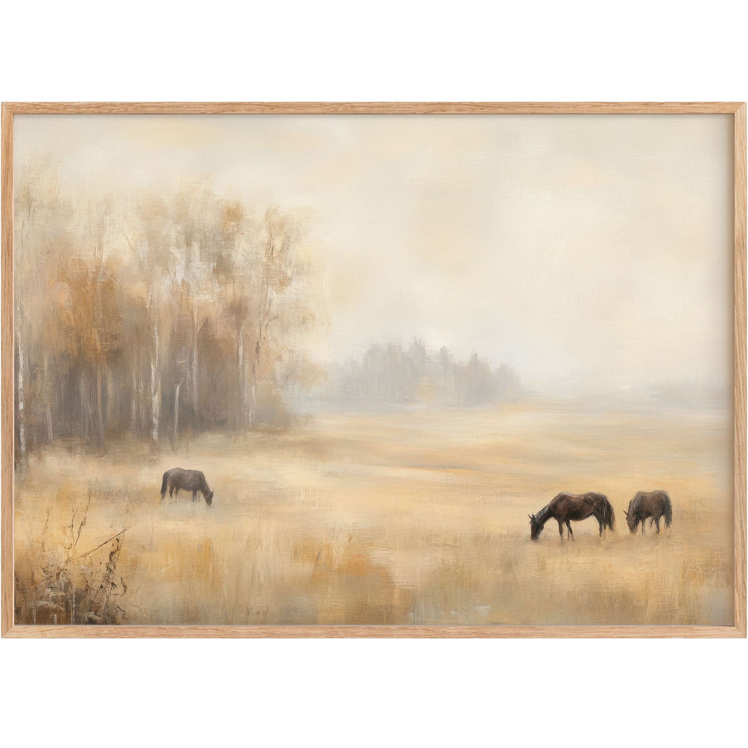 Vintage printable wall art capturing serene horses grazing in misty golden fields, evoking a tranquil, timeless ambiance
