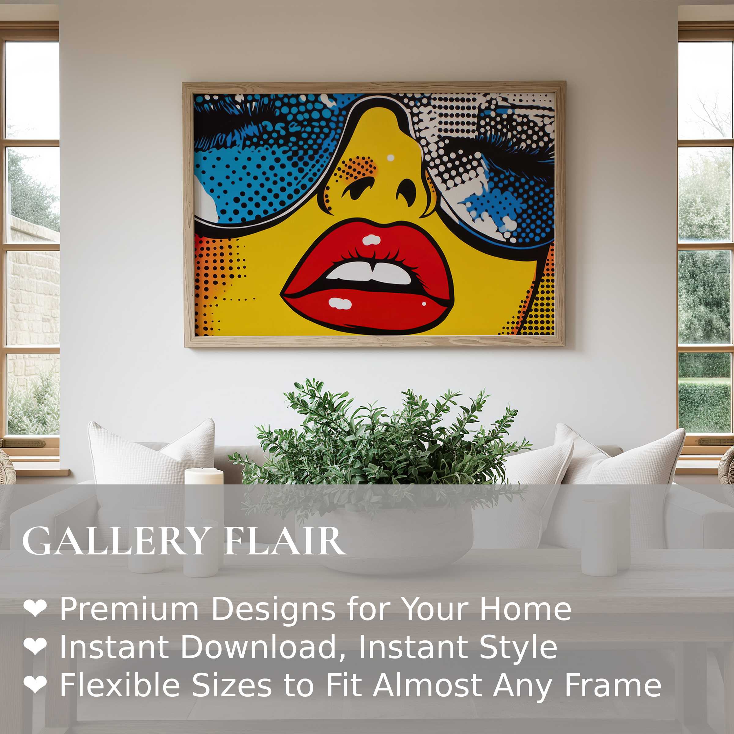 Vibrant pop art wall art print with bold red lips and reflective sunglasses, energizing minimalist living spaces with striking modern flair