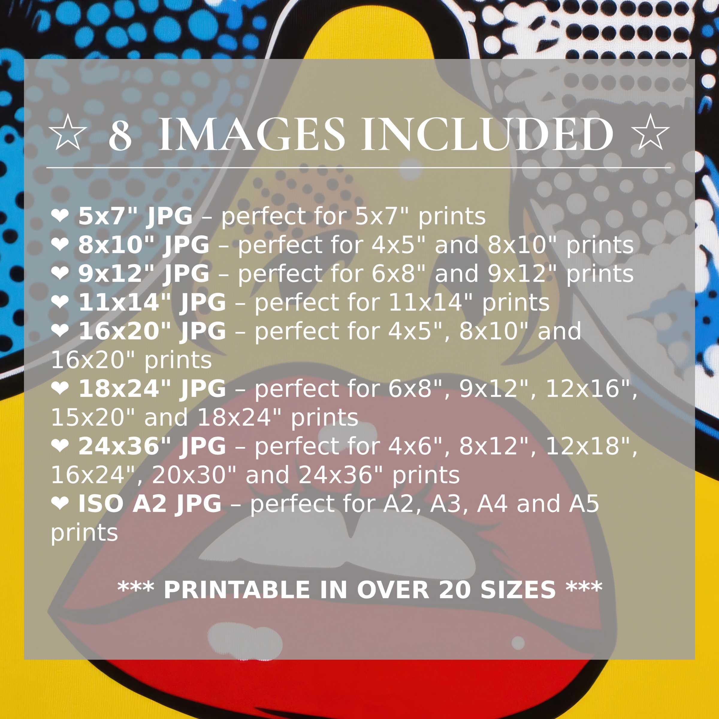 Radiant pop art digital print in bold red, blue, and yellow hues, delivered in 8 high-quality sizes for versatile, modern interiors