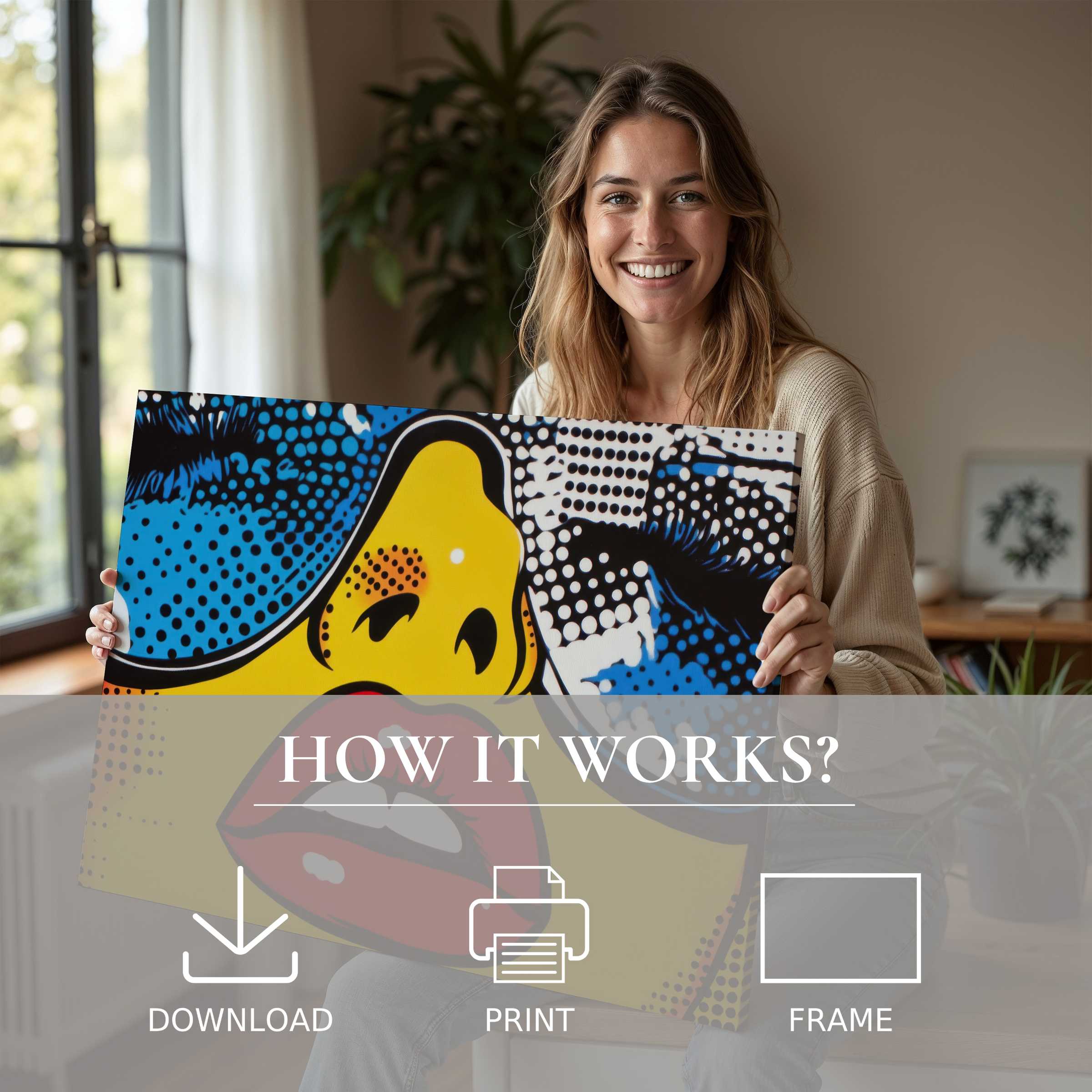 A serene moment of joy as a woman embraces vibrant pop art digital art print in a stylish, modern home, embodying effortless elegance and the transformative power of living with art