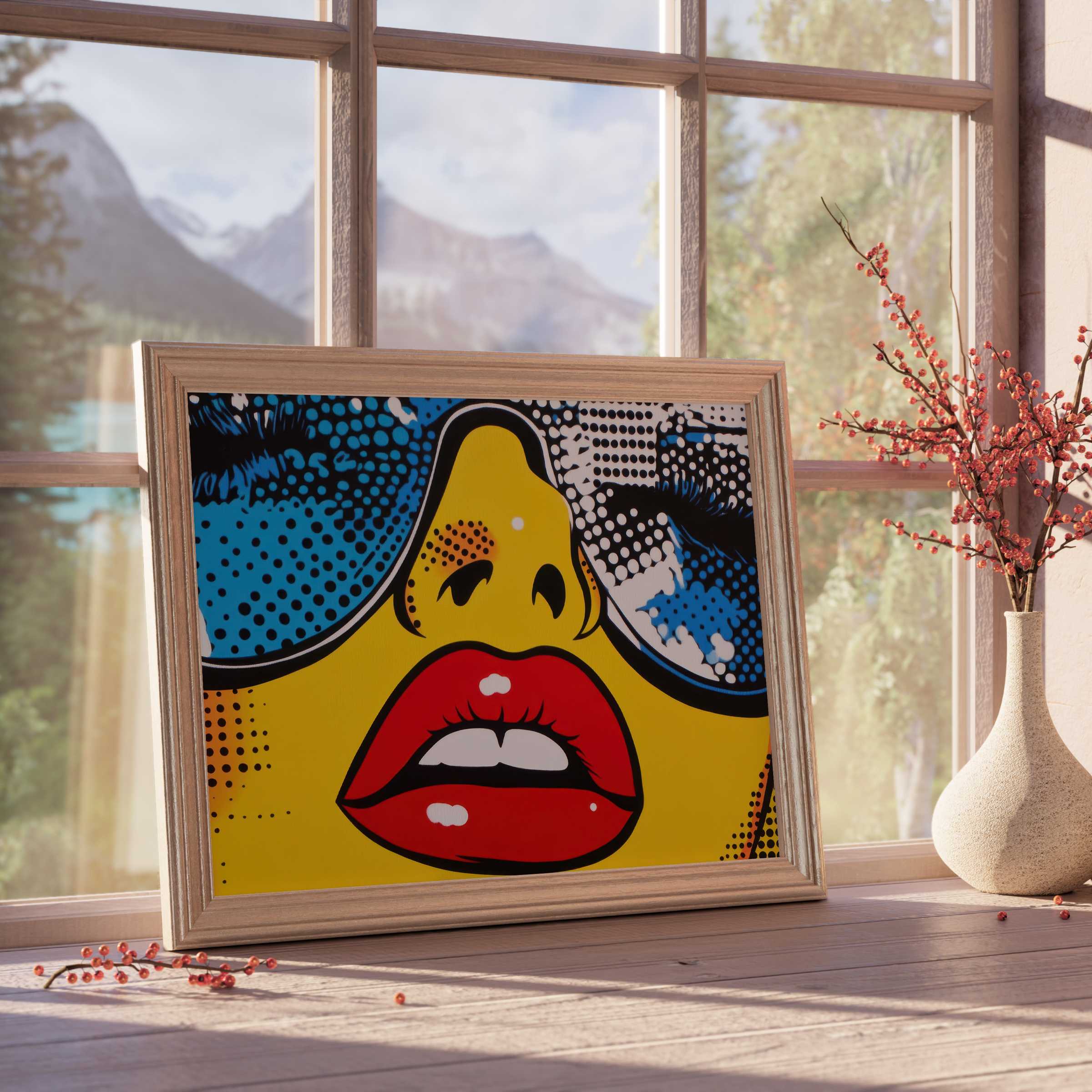 Vibrant pop art downloadable art featuring bold red lips and retro sunglasses, elevating curated modern interiors with a lively, stylish edge