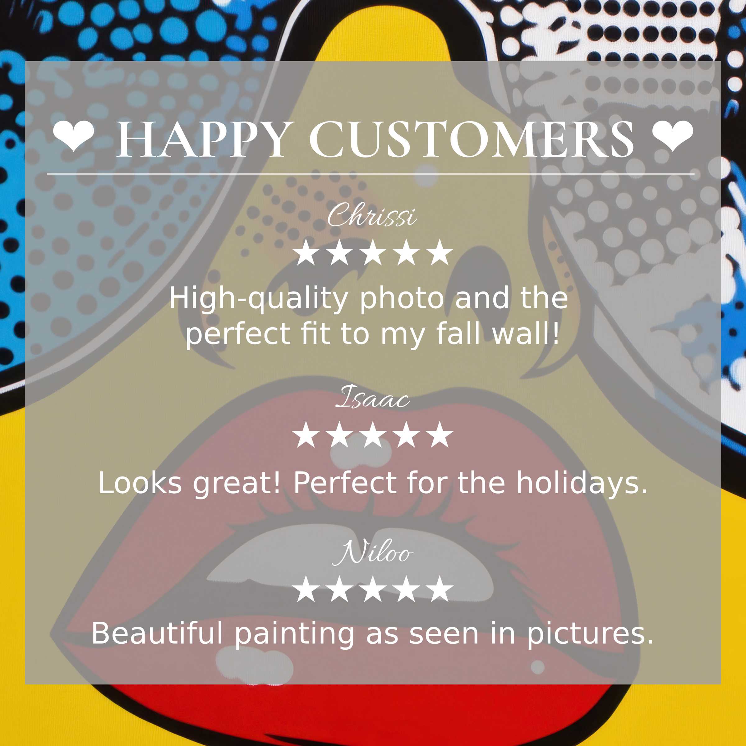 Pop art for Frame TV with abstract blue, yellow dots background; layout builds trust with happy customer reviews