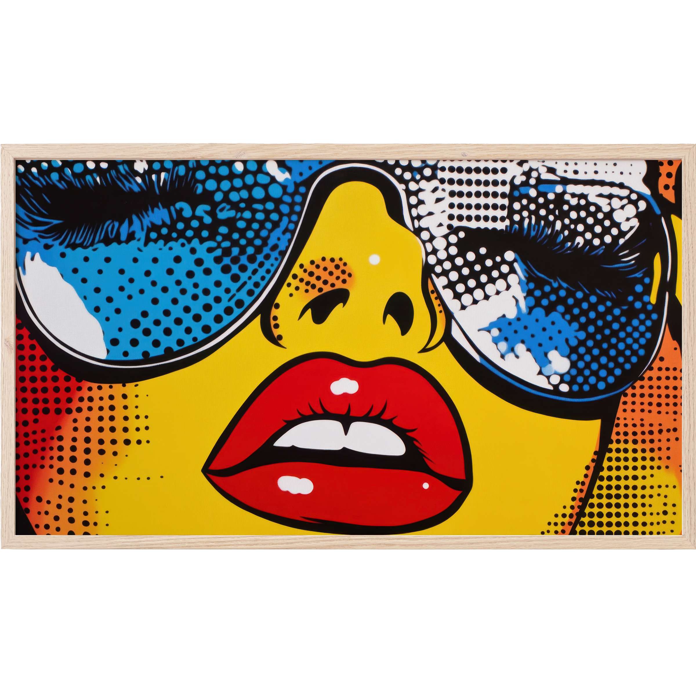 Bold pop art Frame TV Art with vibrant red lips, yellow skin, and reflective blue sunglasses, evoking modern urban chic