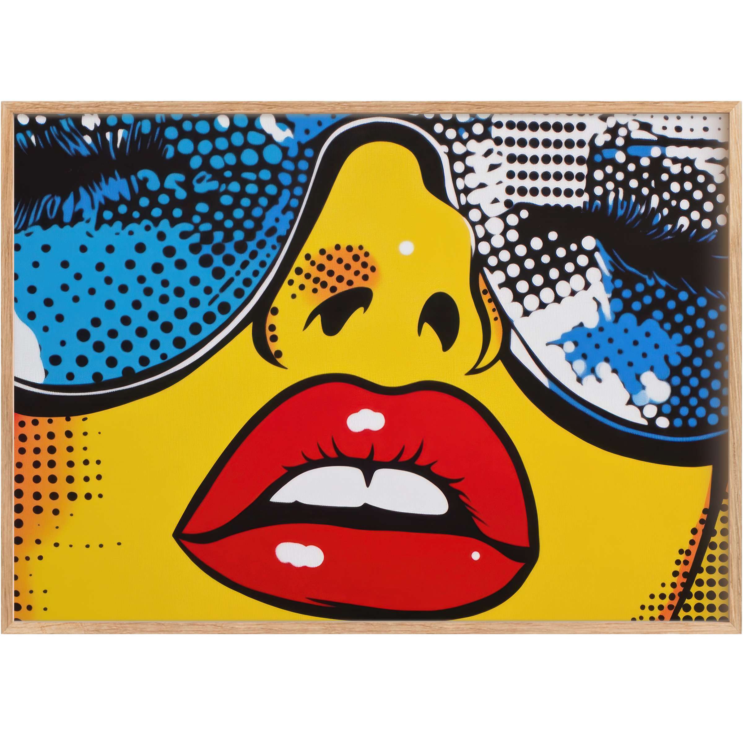 Vibrant pop art printable wall art featuring bold red lips and reflective blue sunglasses, radiating electrifying confidence and modern allure