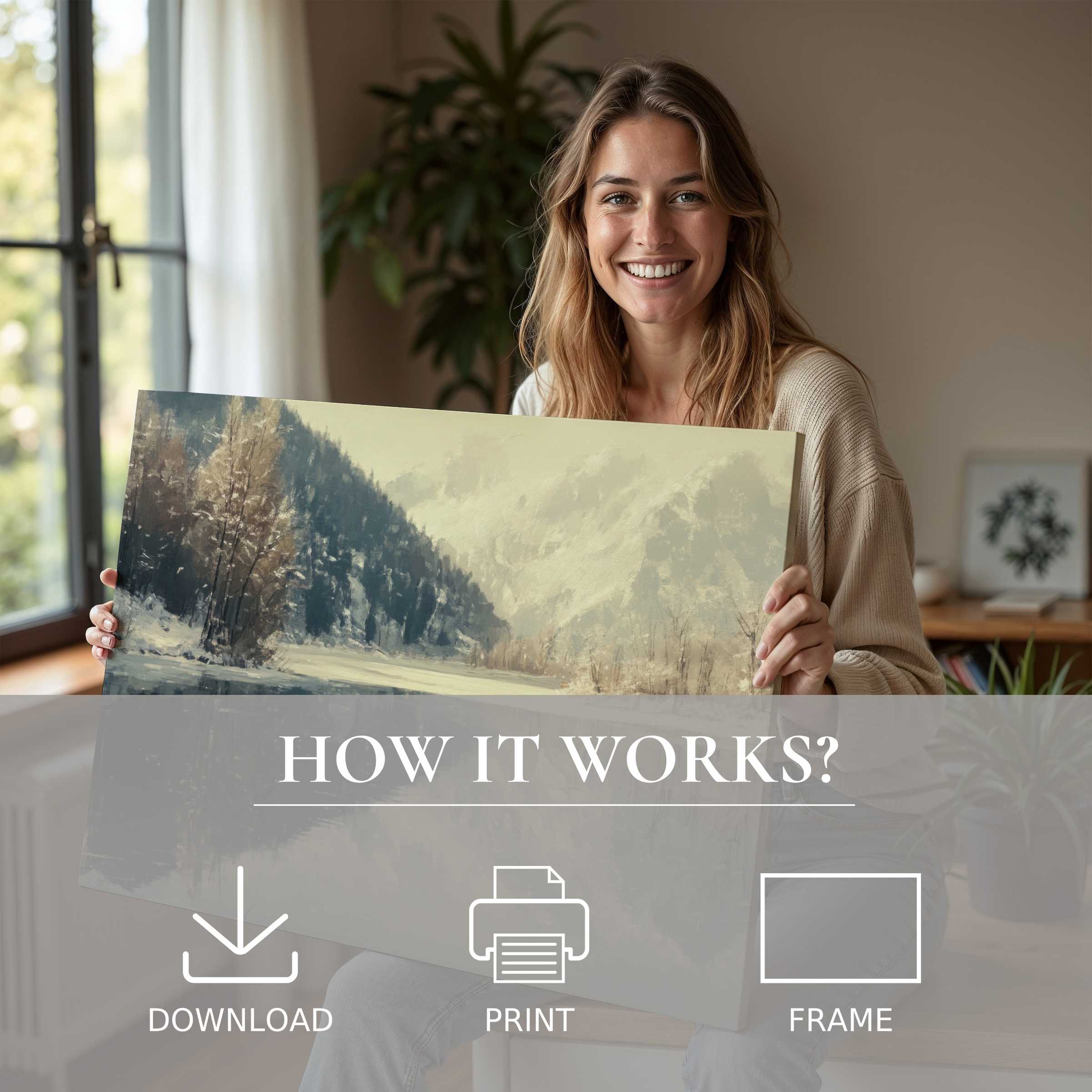 Winter digital art print transforming modern interiors with serene mountain hues, inviting warmth and joy into stylish living