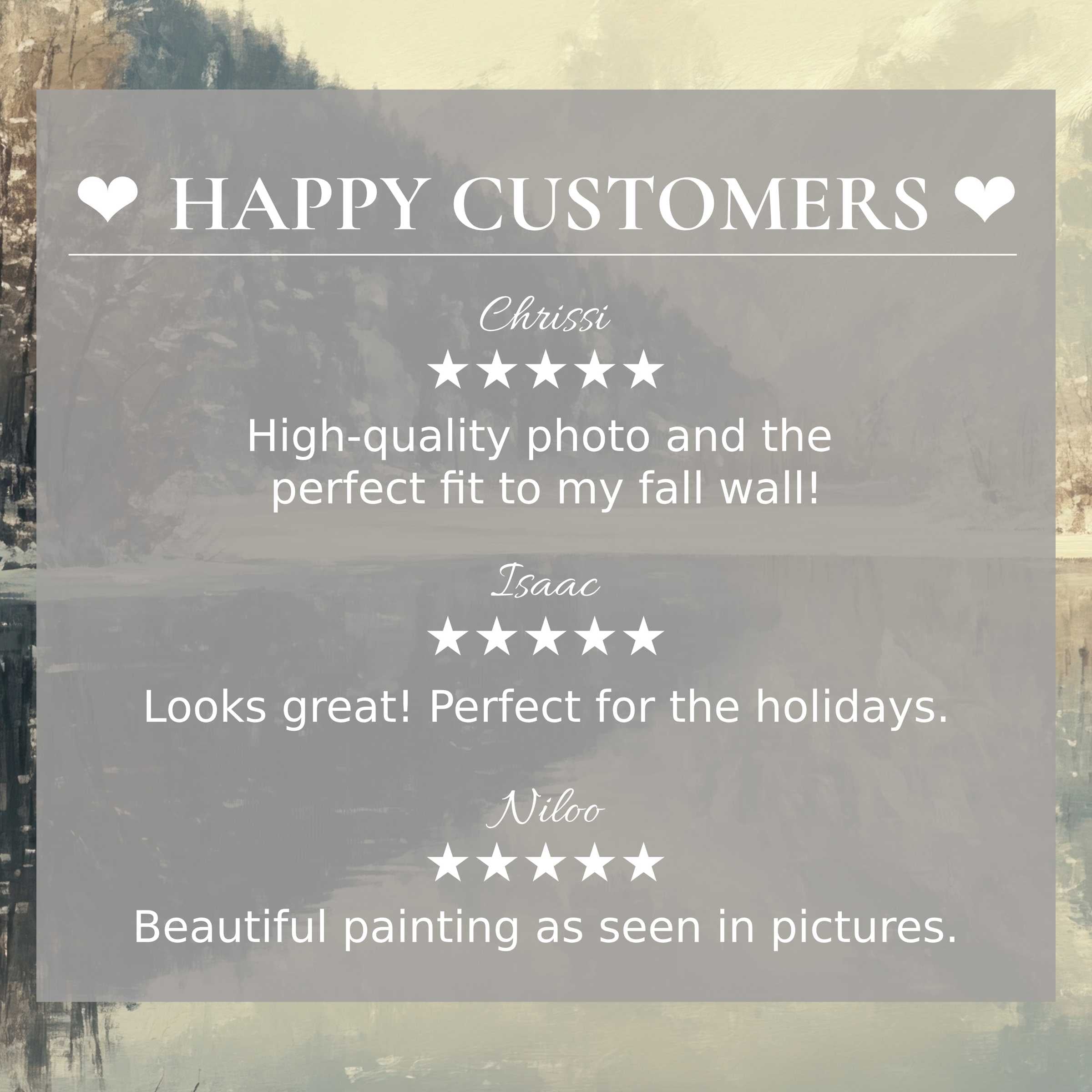 Winter art for Frame TV with abstract misty mountain lake, happy customer reviews build trust and showcase elegant design