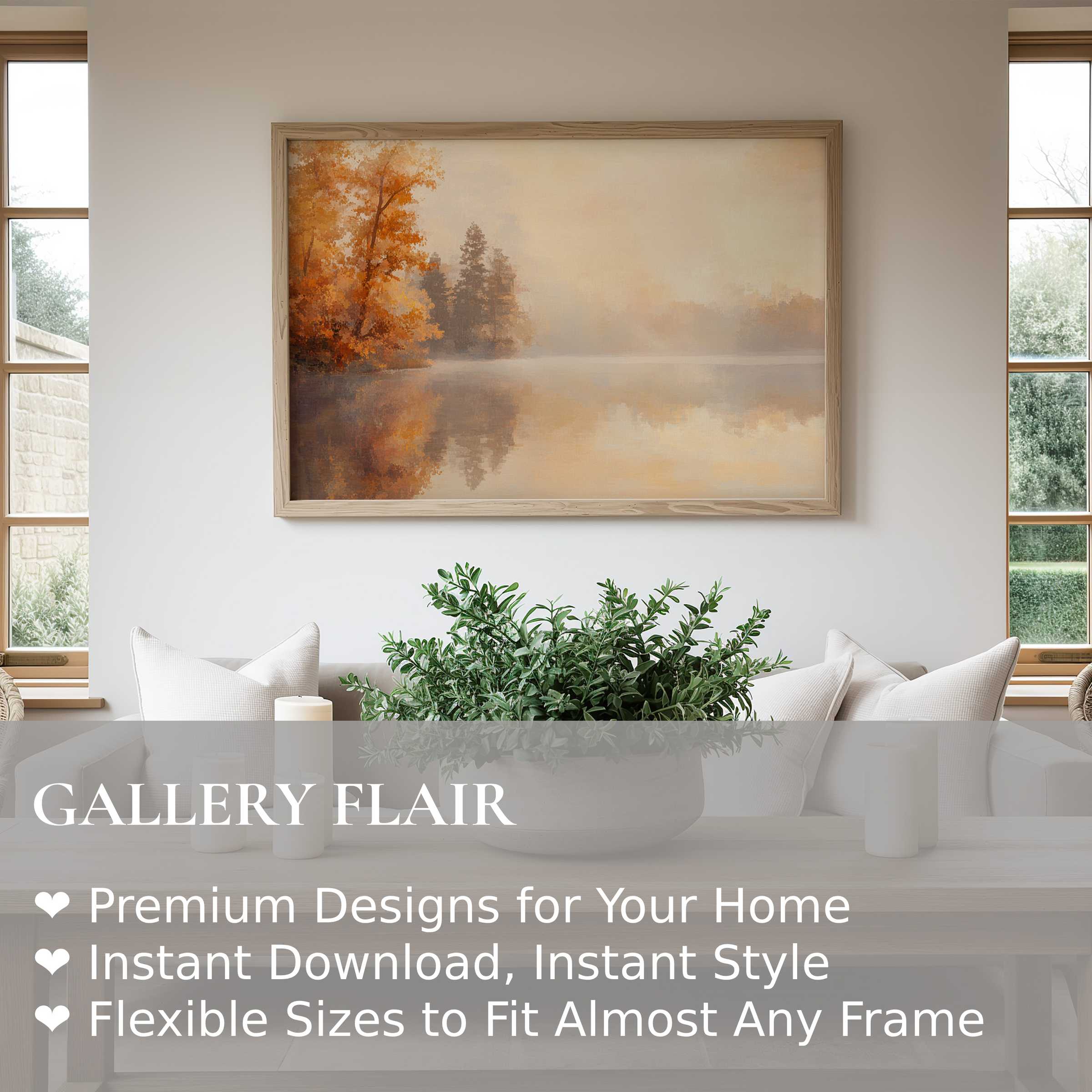 Fall wall art print capturing a serene lake scene with radiant autumn foliage, enhancing modern minimalist interiors with warm, calming elegance