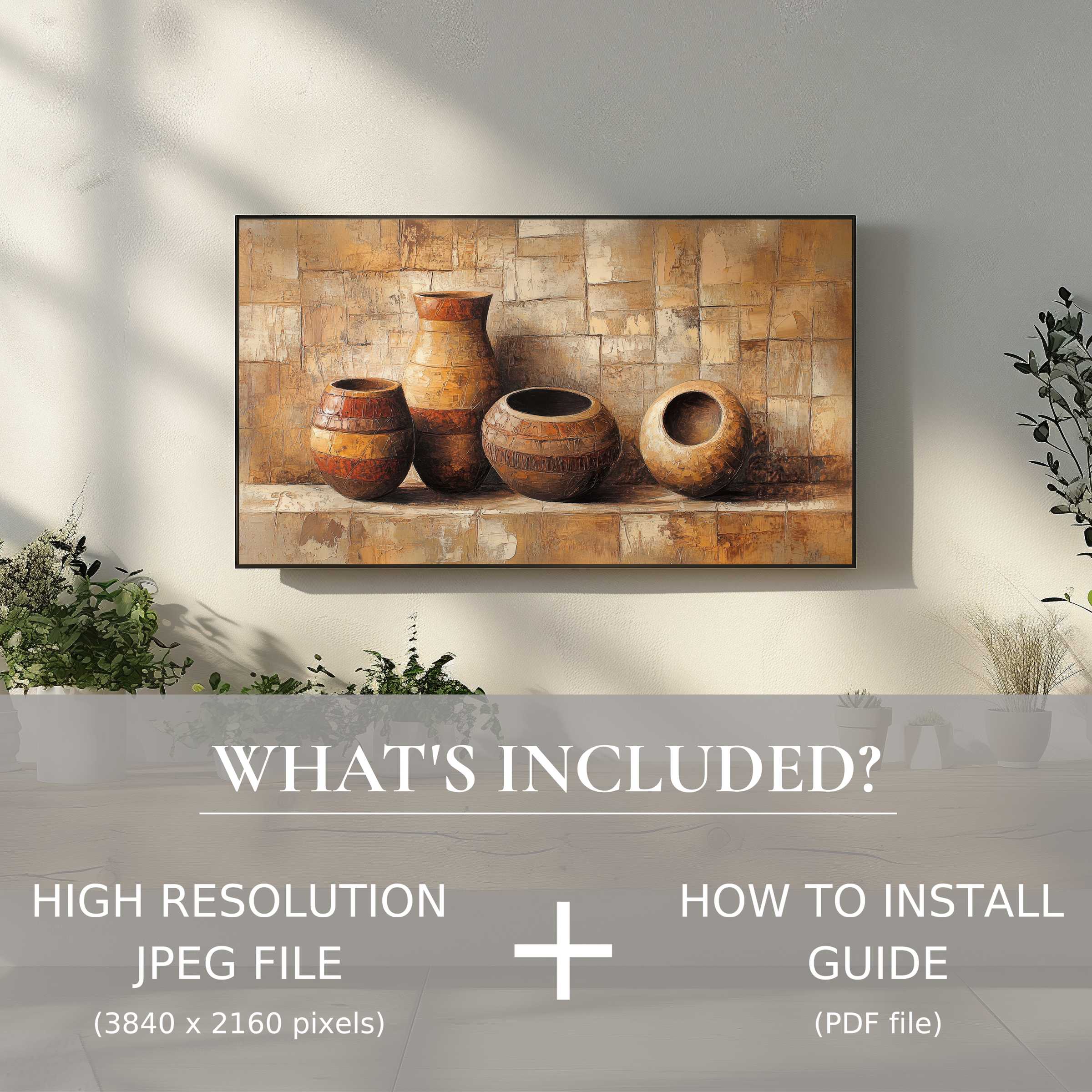 Elegant boho digital TV art download of earthy pottery enhances your living space with easy digital use for stylish decor