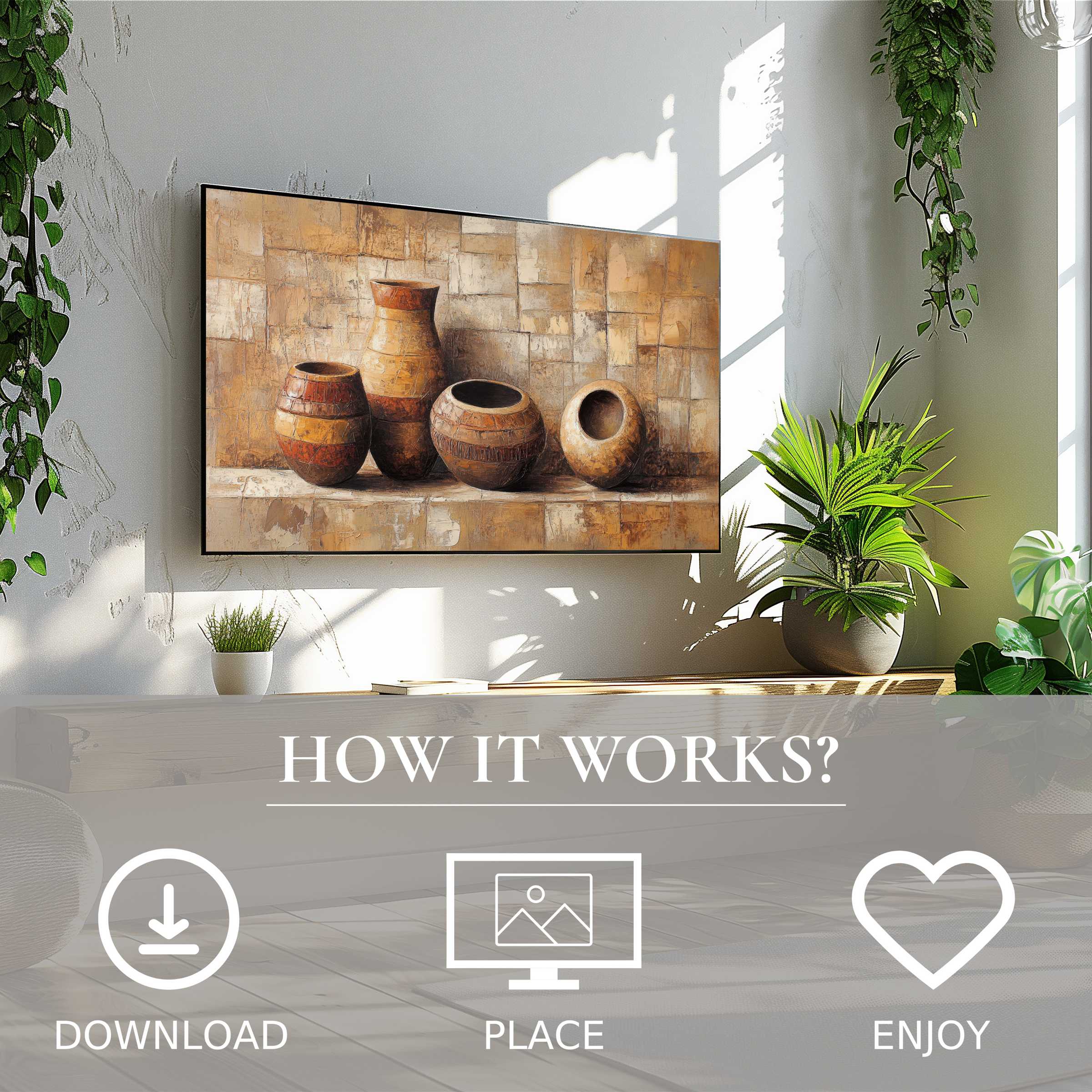 Boho art for Samsung TV shows warm terracotta pot still life, easy digital download enriching modern living spaces