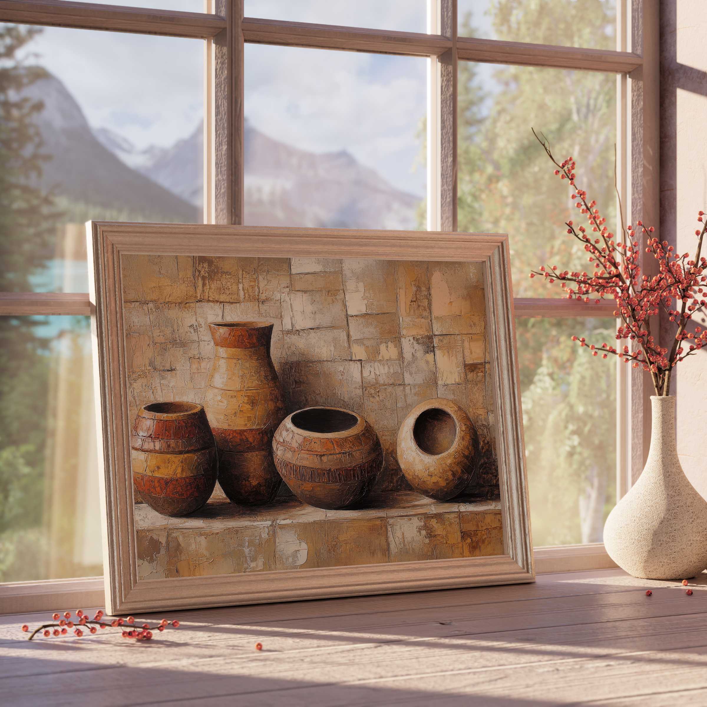 Boho downloadable art featuring rustic earthenware pots in warm, textured earth tones, elevating tranquil, curated interiors