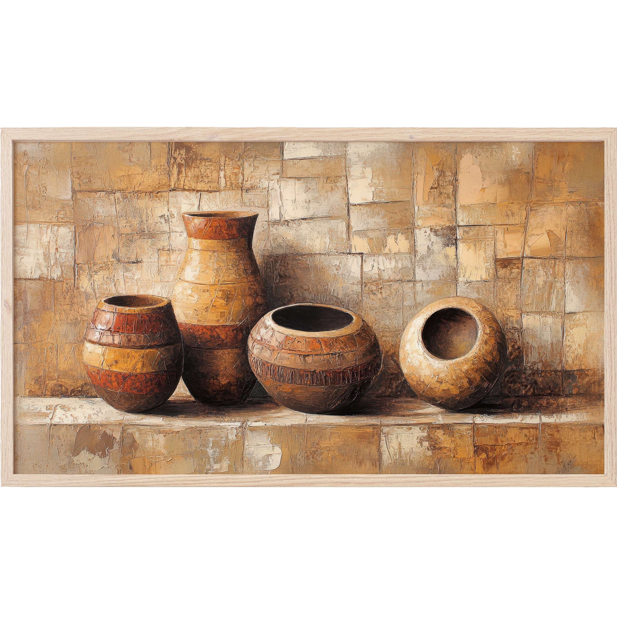 Boho Frame TV Art depicting textured earthenware pots in warm, earthy tones with a rustic, modern aesthetic