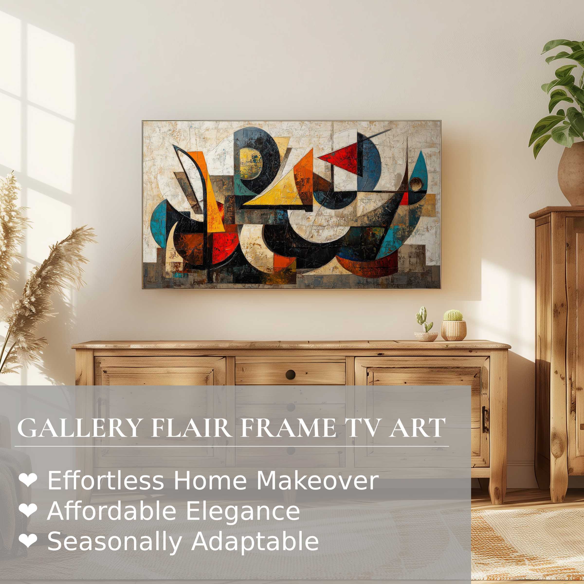 Samsung Frame TV showcasing vibrant modern digital artwork in a sunlit, minimalist living space with natural wood accents