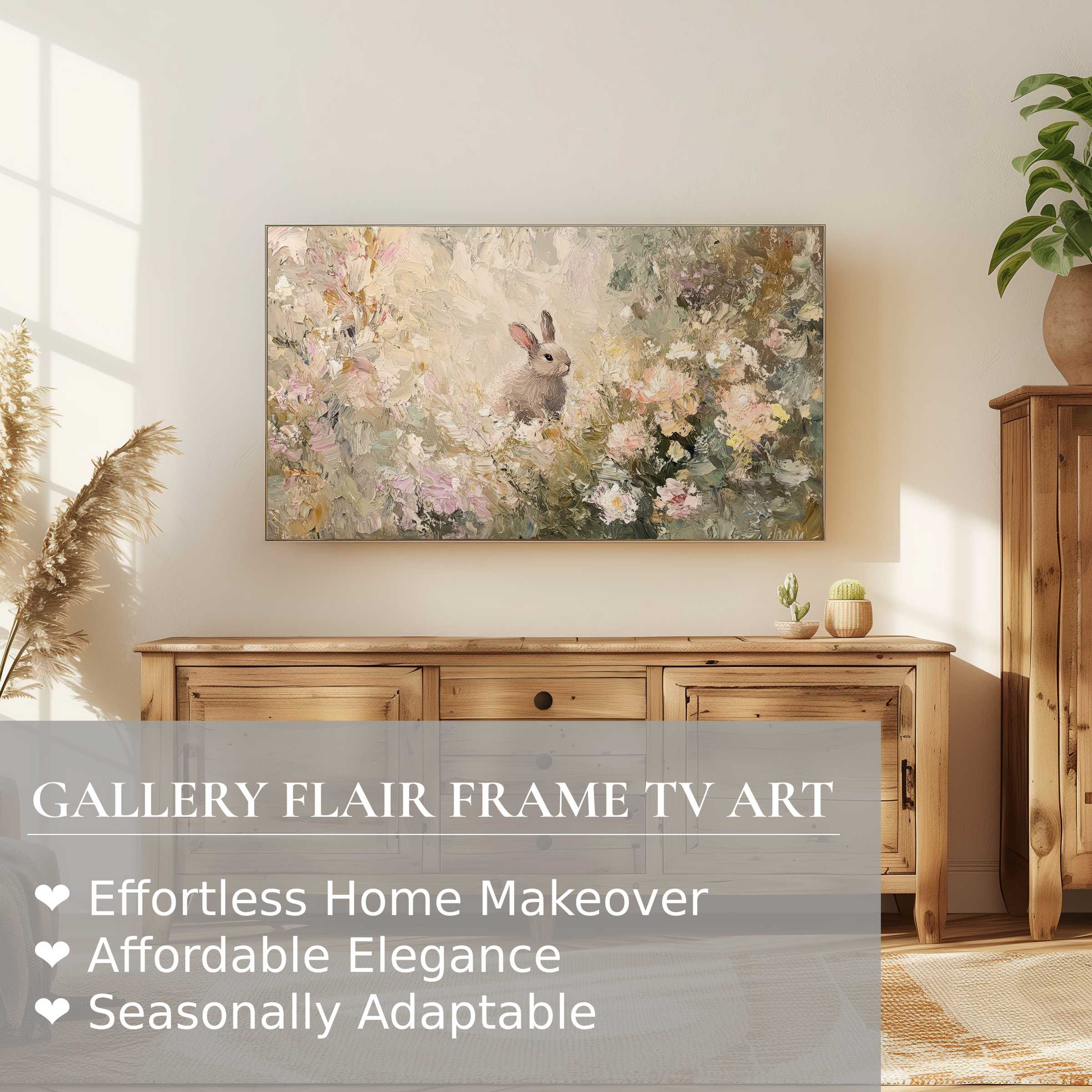Samsung Frame TV displays elegant easter digital artwork with soft florals and a rabbit in a modern natural setting