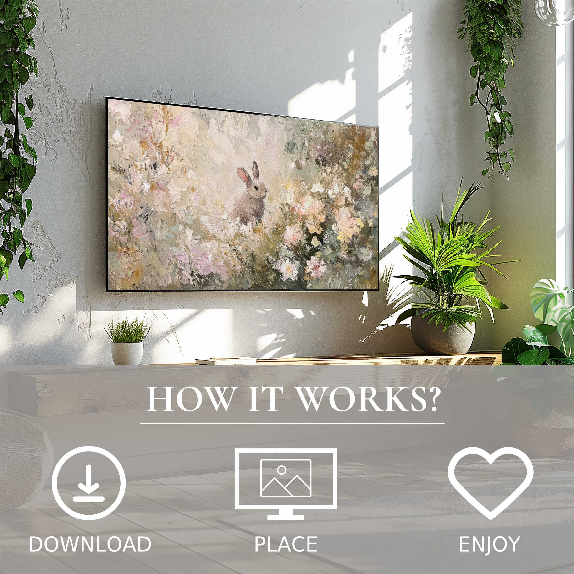 Easter art for Samsung TV shows soft pastel floral tones with a bunny, easy digital download enriches modern living