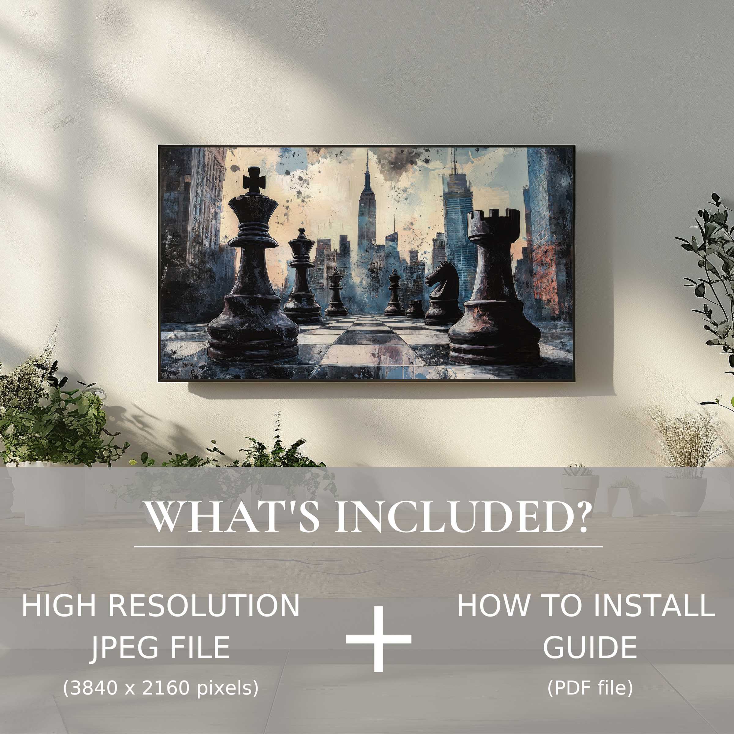 Stylish street art digital TV art download, easy digital use elevates living spaces with modern chess-themed decor