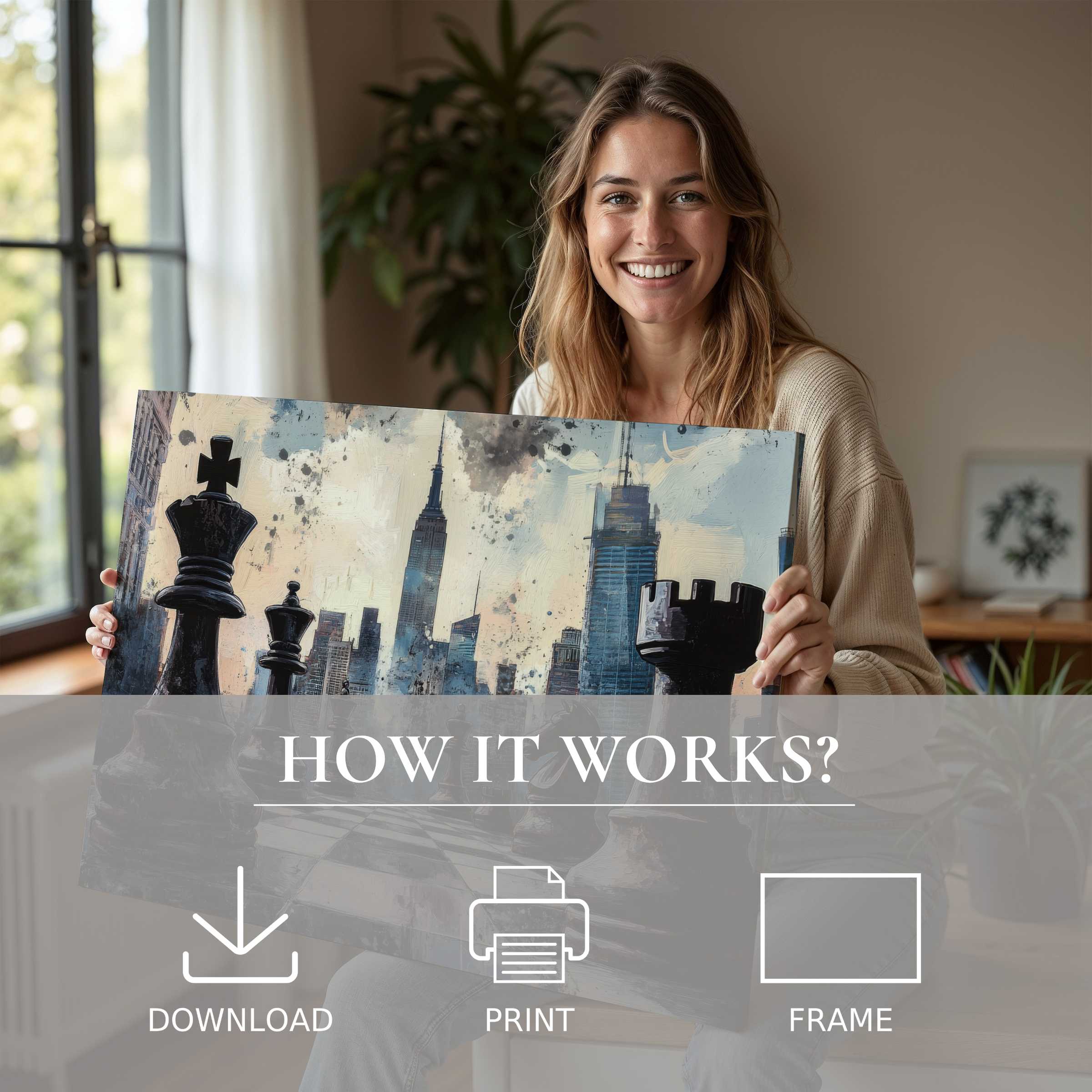Effortless joy radiates as serene elegance meets urban flair in this street art digital art print, transforming modern homes
