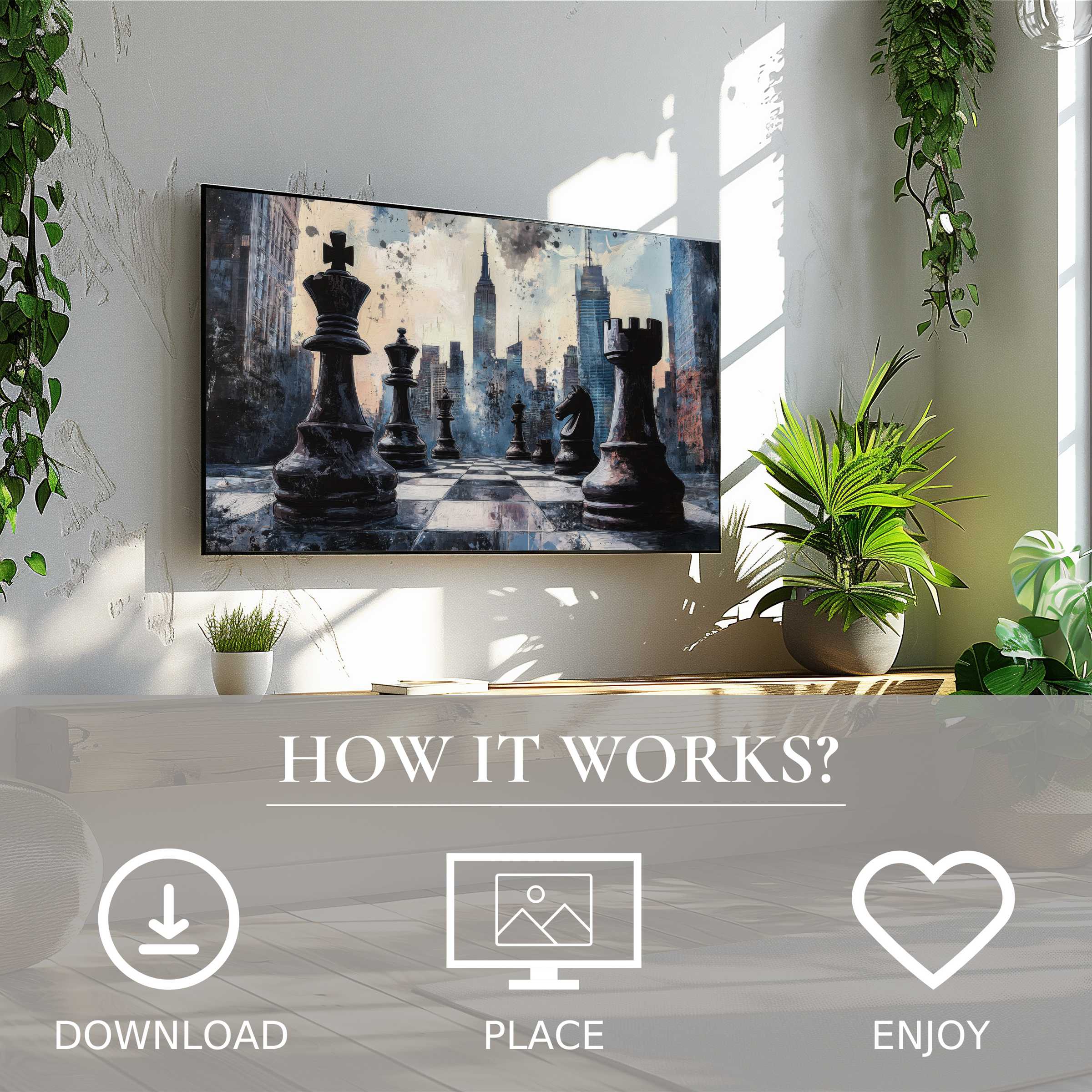 Modern living room with street art for Samsung TV; digital download features dark chess motif enriching space