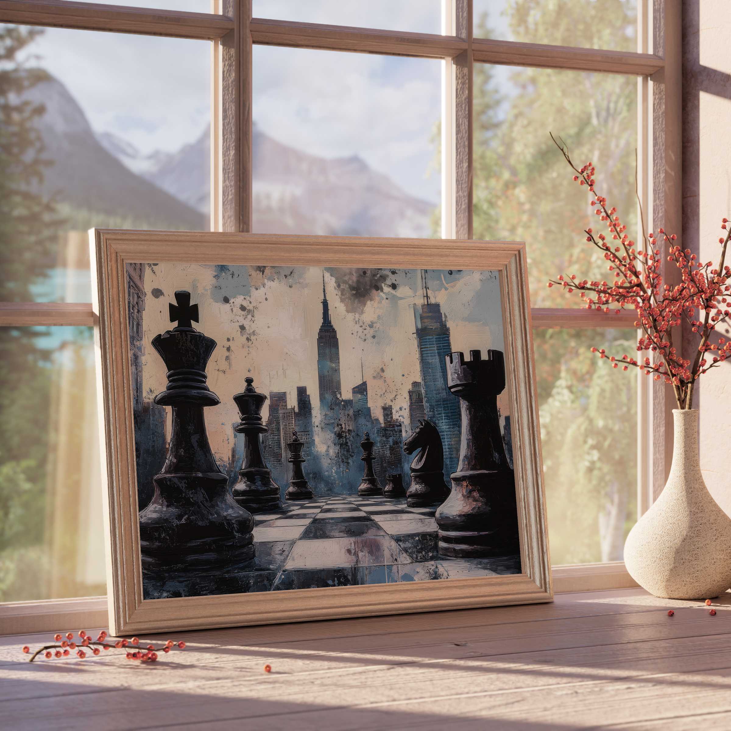 Street art downloadable art featuring bold chess pieces against a moody cityscape, perfect for sophisticated, design-forward interiors