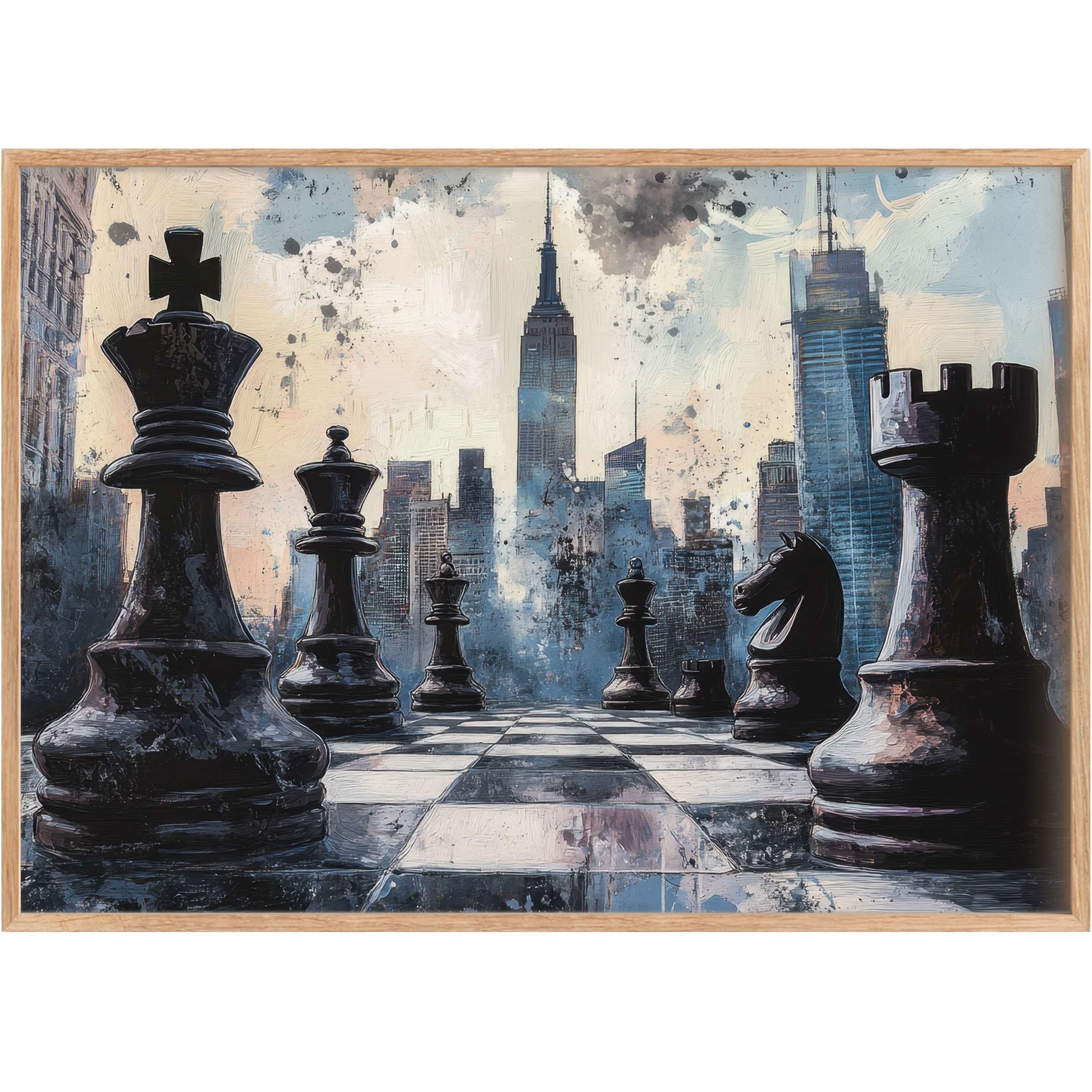 Bold street art printable wall art blending towering chess pieces with an urban skyline, evoking strategic elegance and dynamic tension