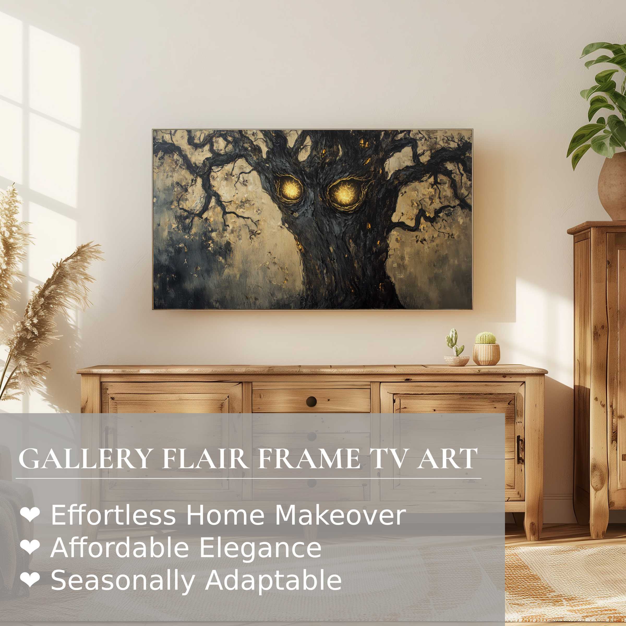 Samsung Frame TV displays elegant, moody halloween digital artwork of a glowing-eyed tree in a modern living room