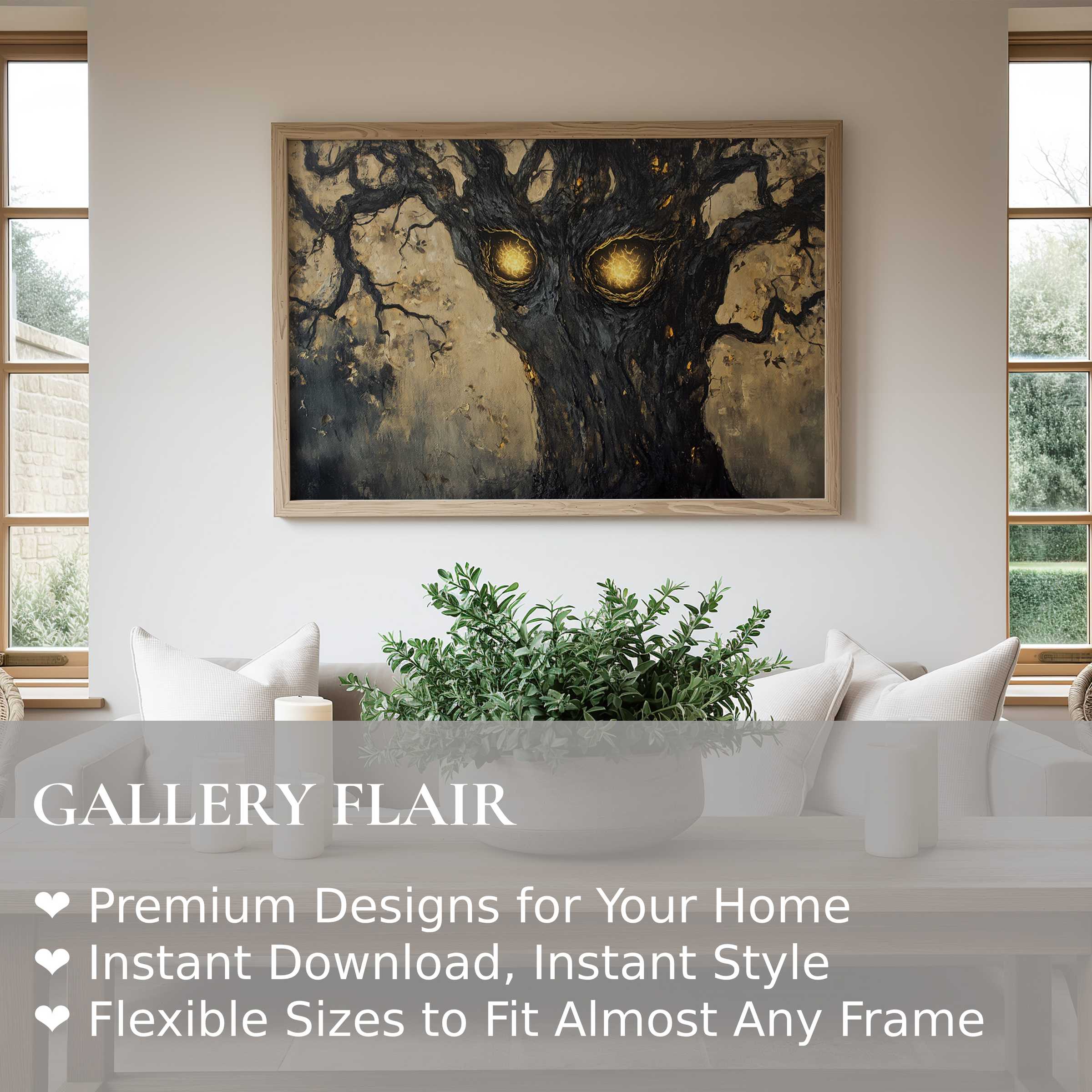 Hauntingly bold Halloween wall art print featuring a glowing-eyed twisted tree, enriching minimalist interiors with eerie elegance
