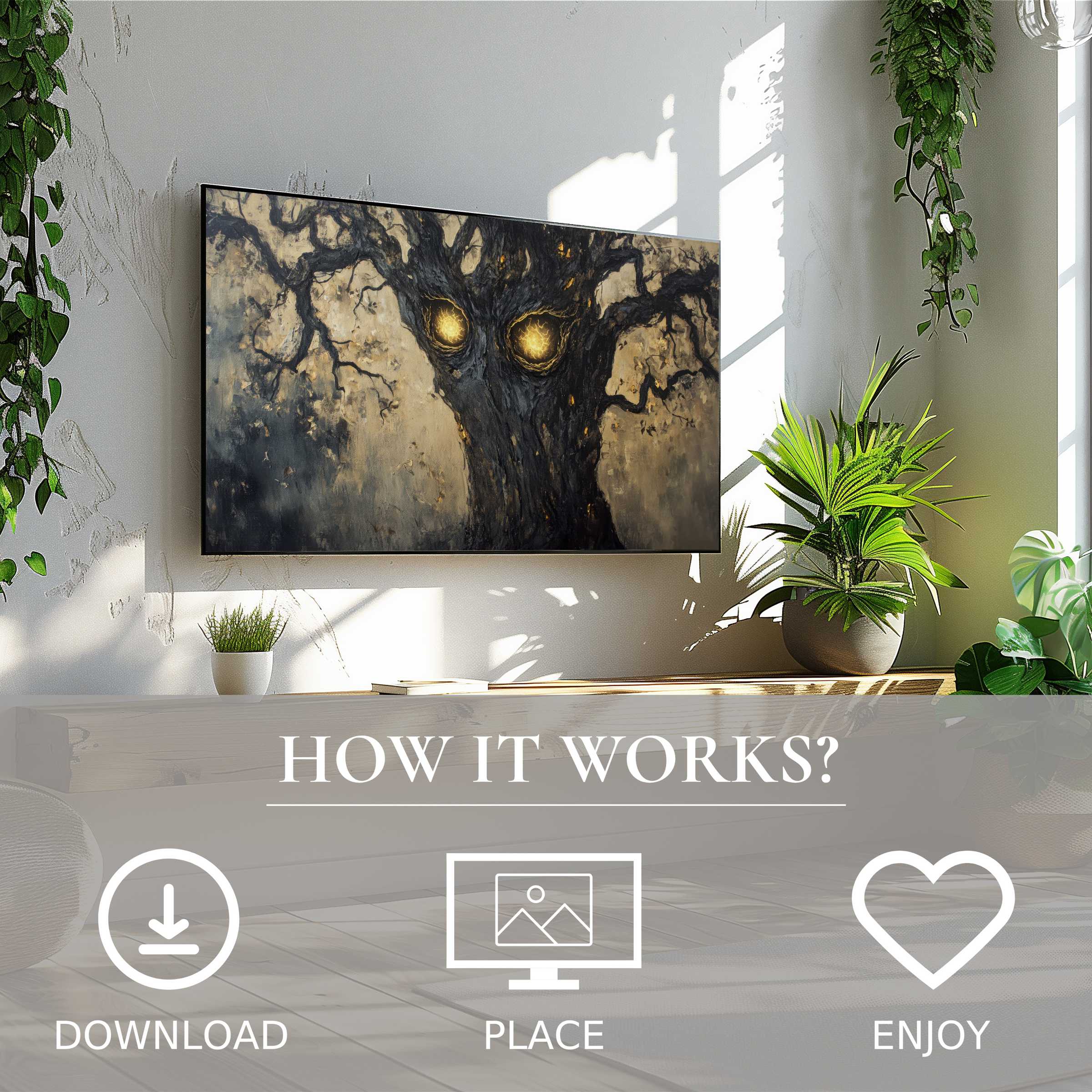 Modern room with green plants and Halloween art for Samsung TV, glowing tree eyes add eerie depth, easy digital download