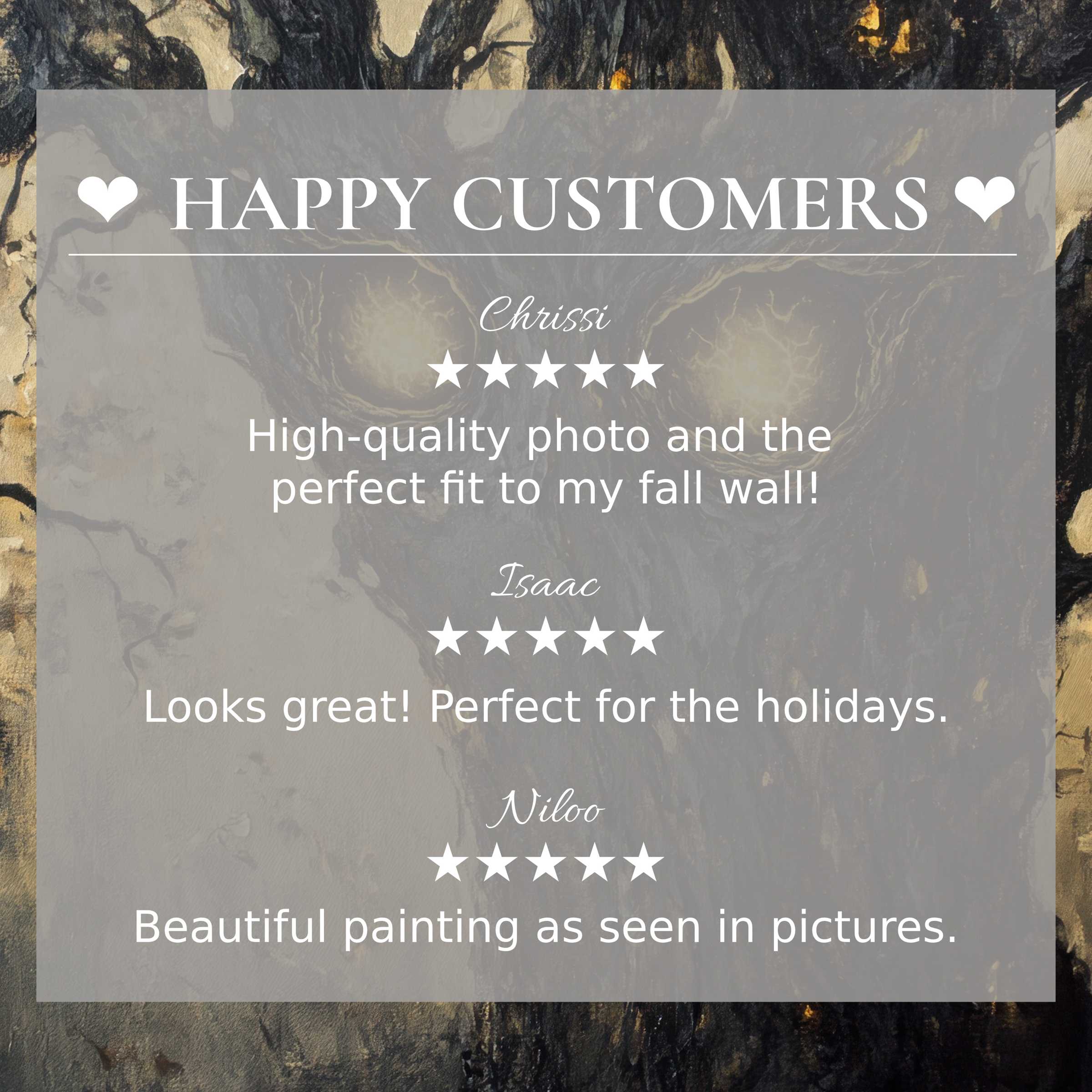 Elegant halloween art for Frame TV with textured dark background, showcasing happy customer reviews for refined taste