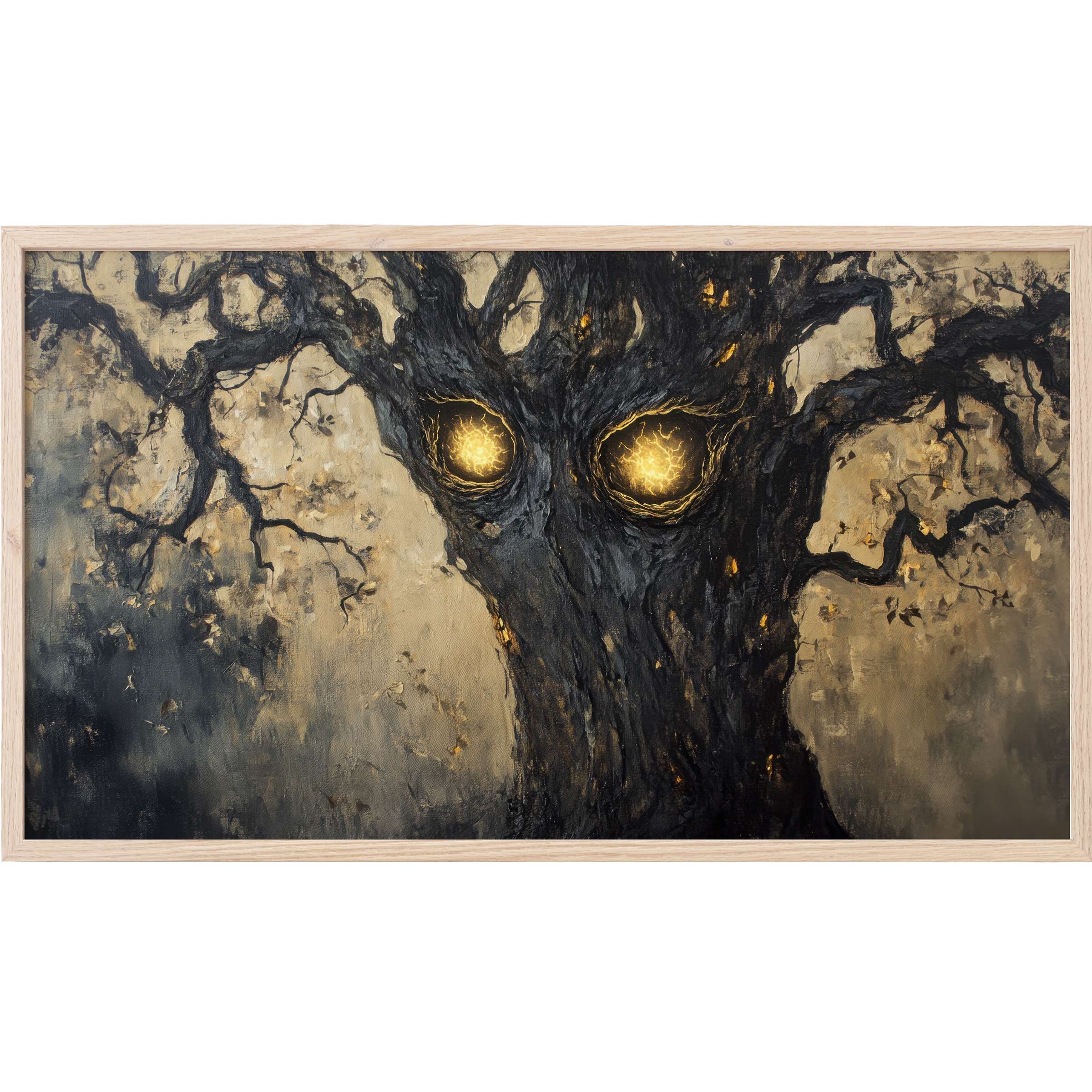 Ethereal dark tree with glowing amber eyes in muted gold tones, a captivating halloween Frame TV Art for modern interiors
