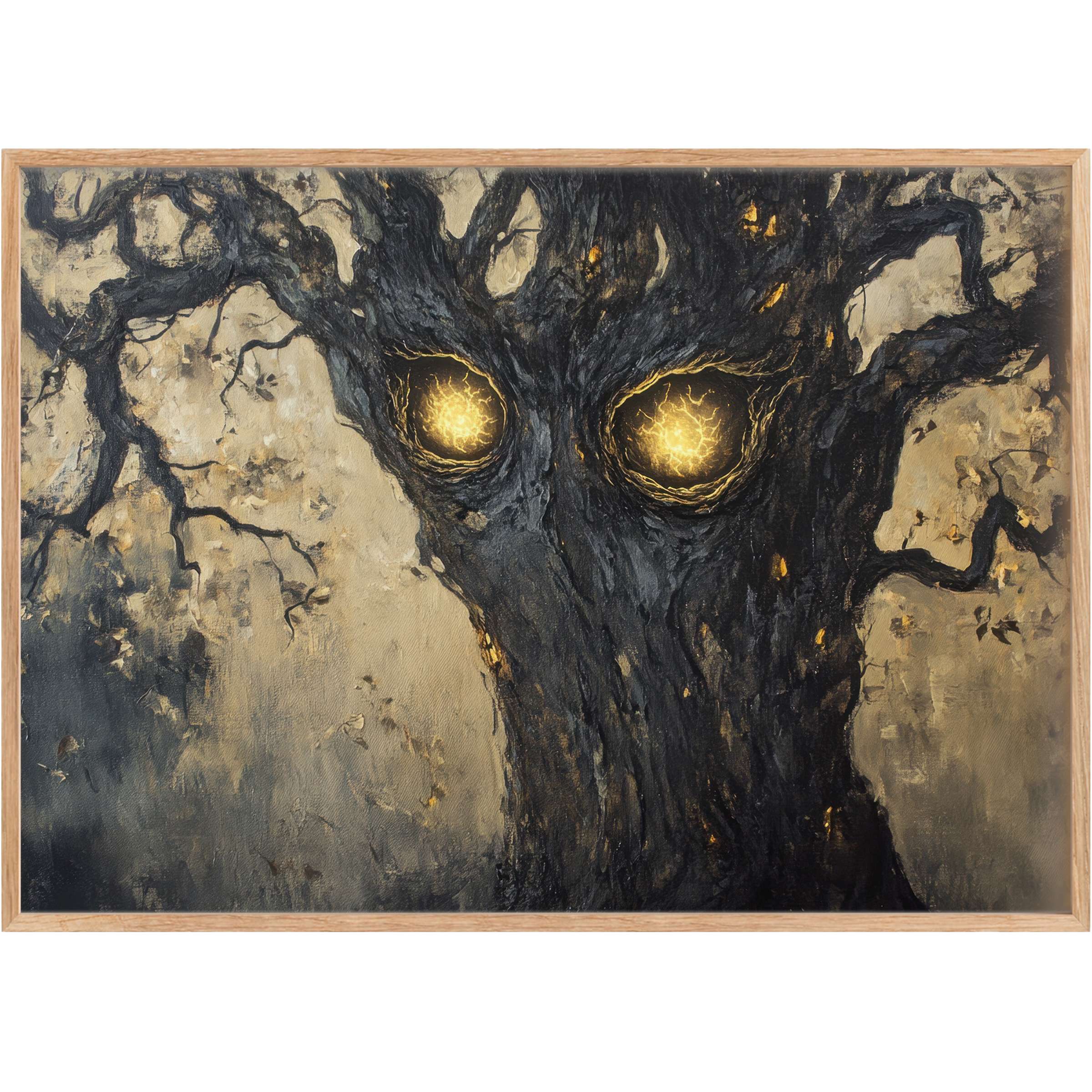 Enigmatic halloween printable wall art with glowing golden eyes and twisted ebony branches, evoking a bold, mystical ambiance