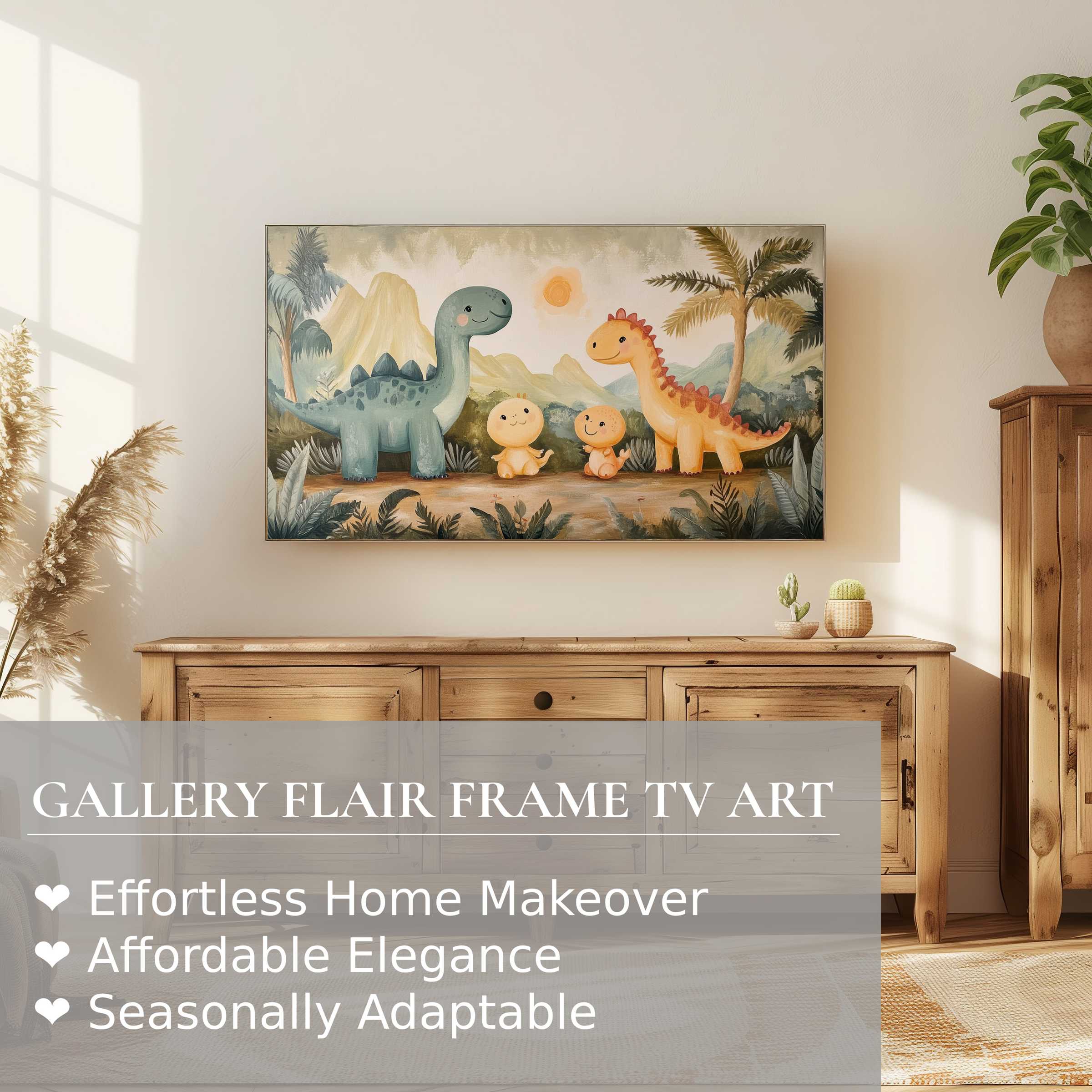 Modern nursery digital artwork of smiling dinosaurs displayed on Samsung Frame TV in warm, stylish living room setting