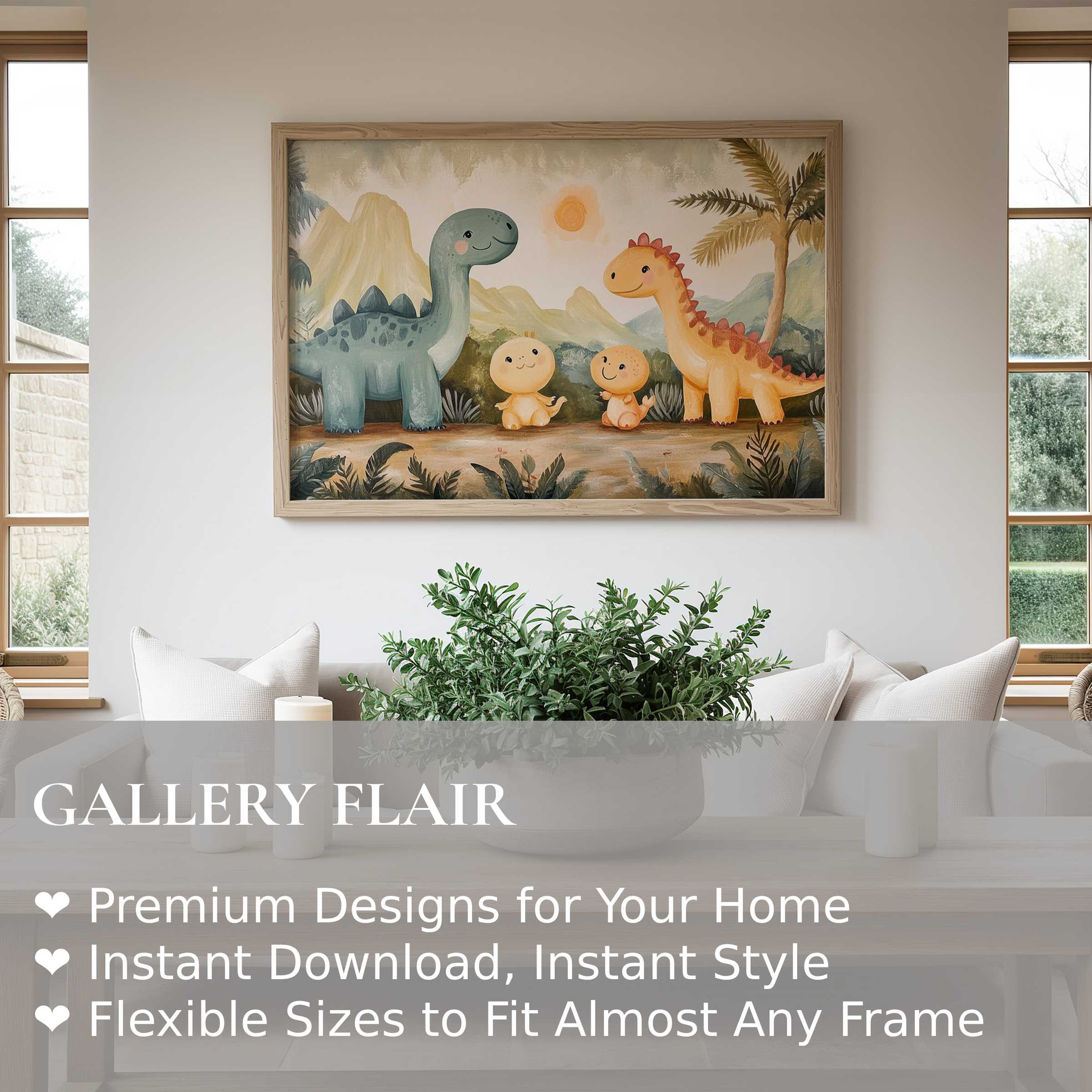 Charming nursery wall art print with playful dinosaurs in soft, warm tones, enhancing a serene, modern minimalistic nursery ambiance