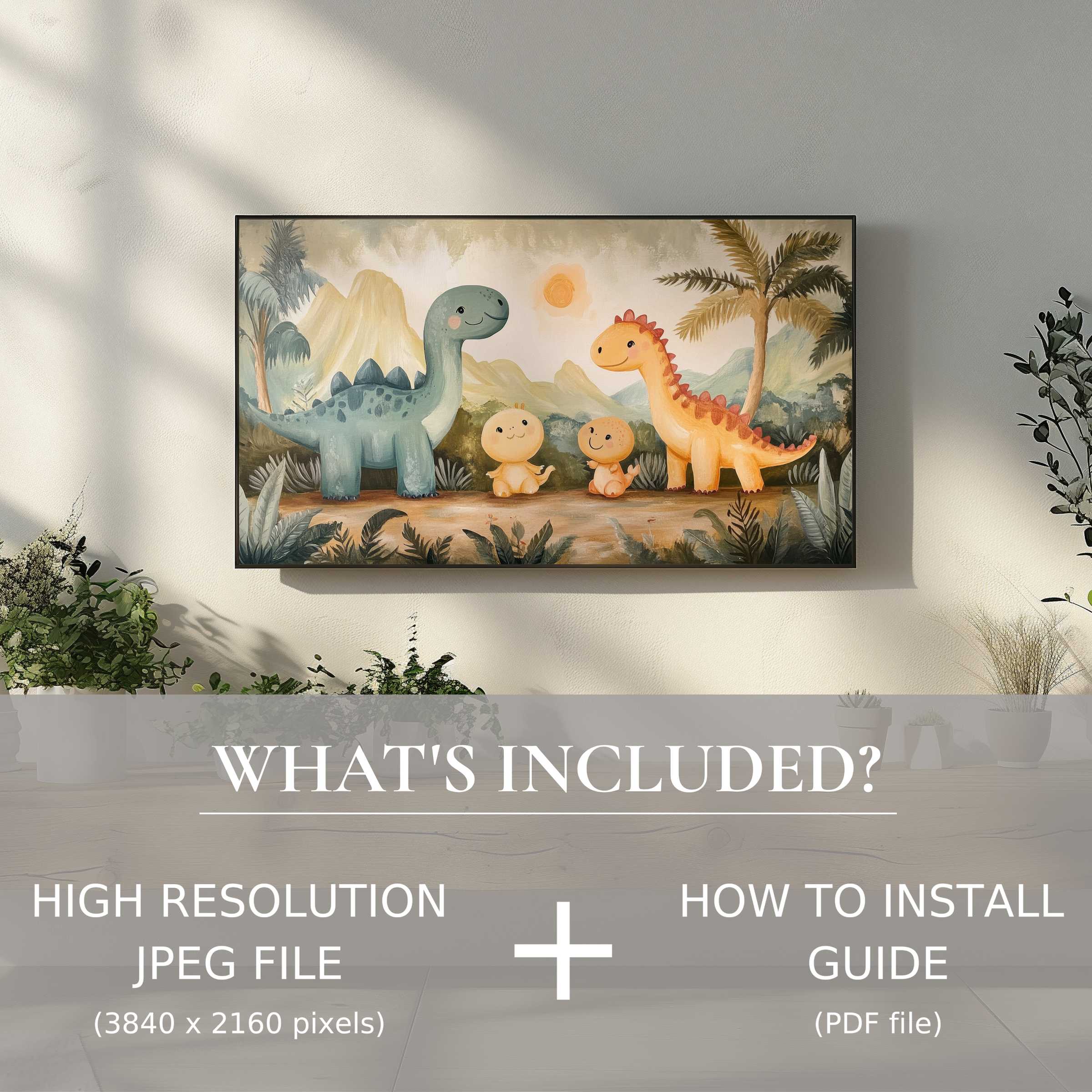 Elegant nursery digital TV art download featuring charming dinosaurs, easy to use and enhancing stylish living spaces