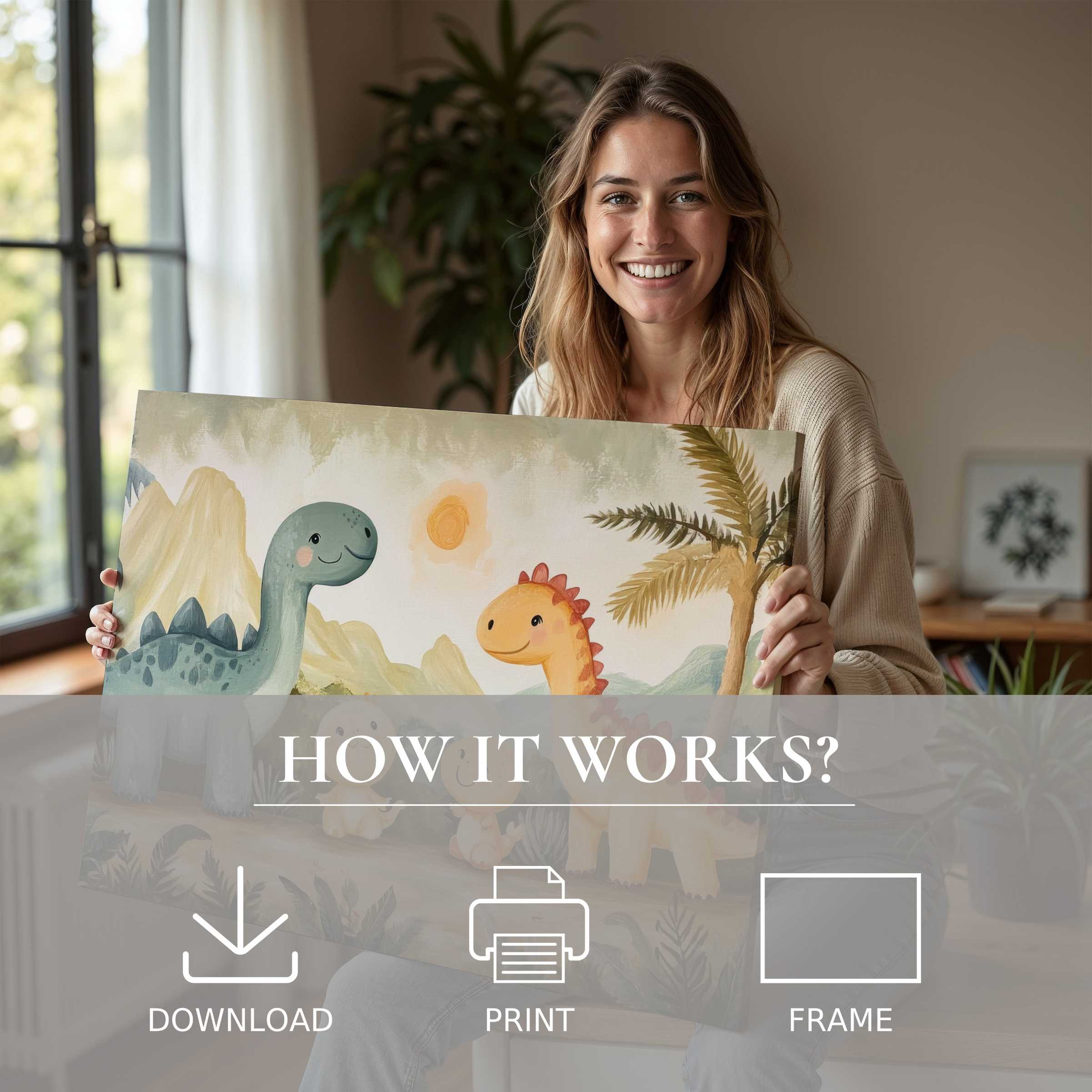 A joyful woman embraces a nursery digital art print featuring playful dinosaurs, enriching a serene modern home with effortless, heartfelt charm