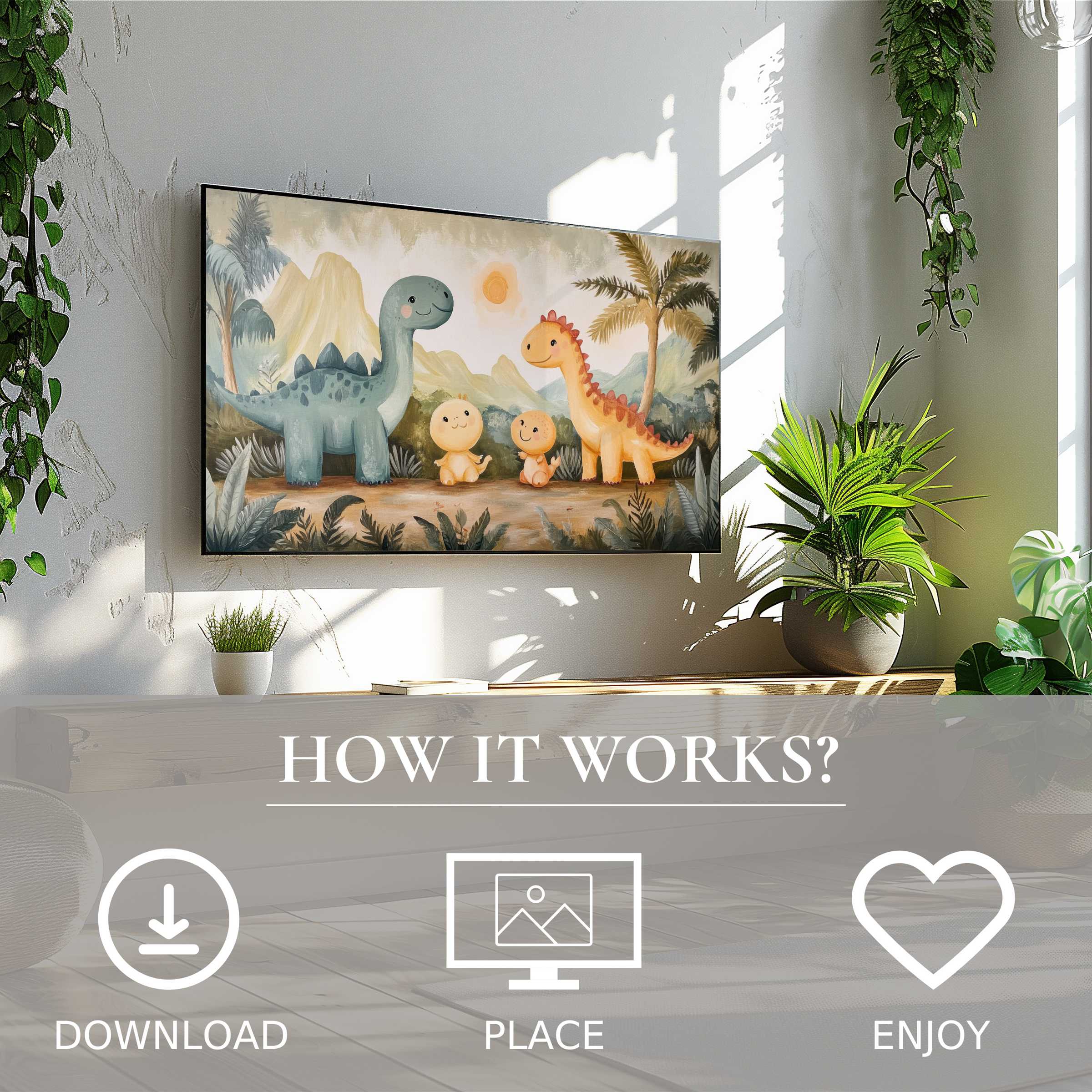 Nursery art for Samsung TV with cute dinosaur motif in soft sunset tones, easy digital download enriches any living space