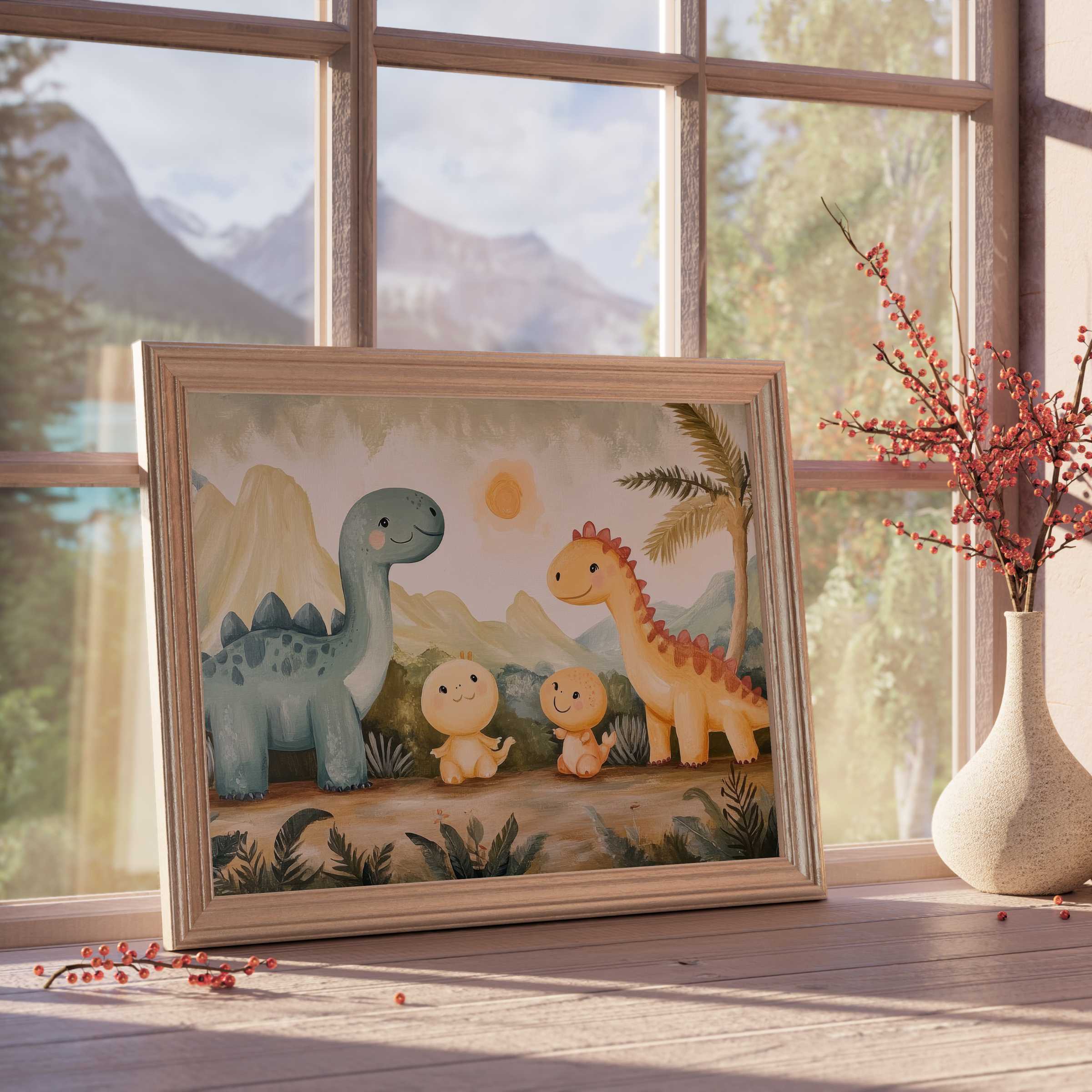 Nursery downloadable art featuring charming dinosaur family in warm, pastel tones, elevating serene, stylish kids’ room decor