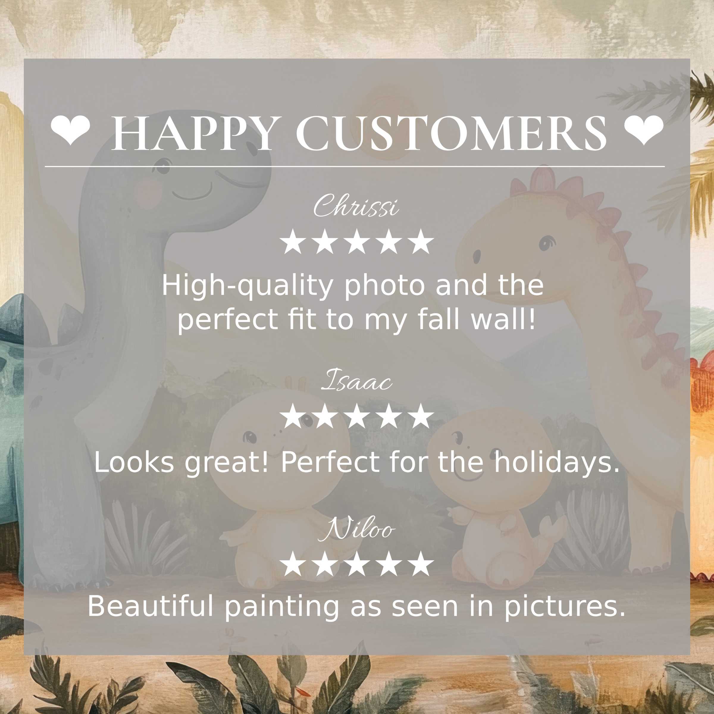 nursery art for Frame TV with soft dinosaur mural, showcasing happy customer reviews and elegant, trustworthy design