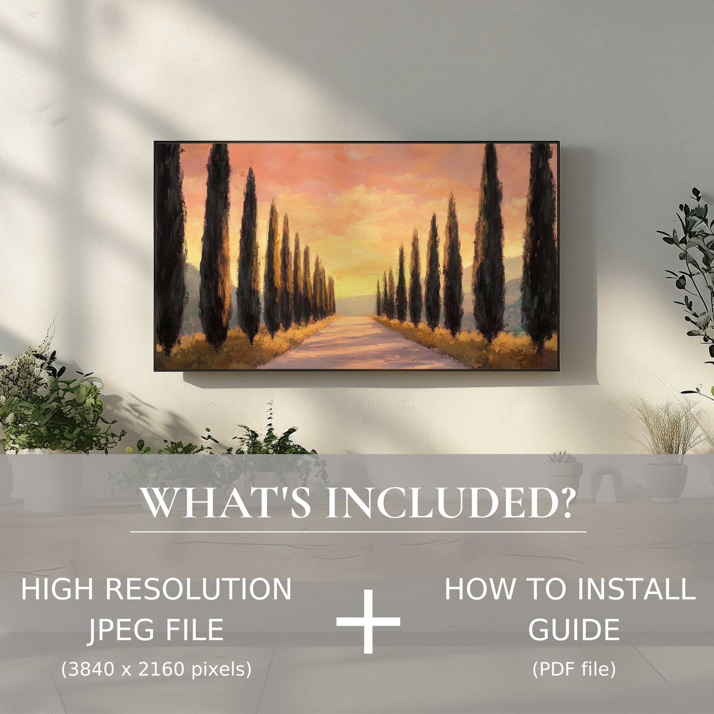 Elegant sunset tree digital TV art download enhances your modern living space with effortless digital installation