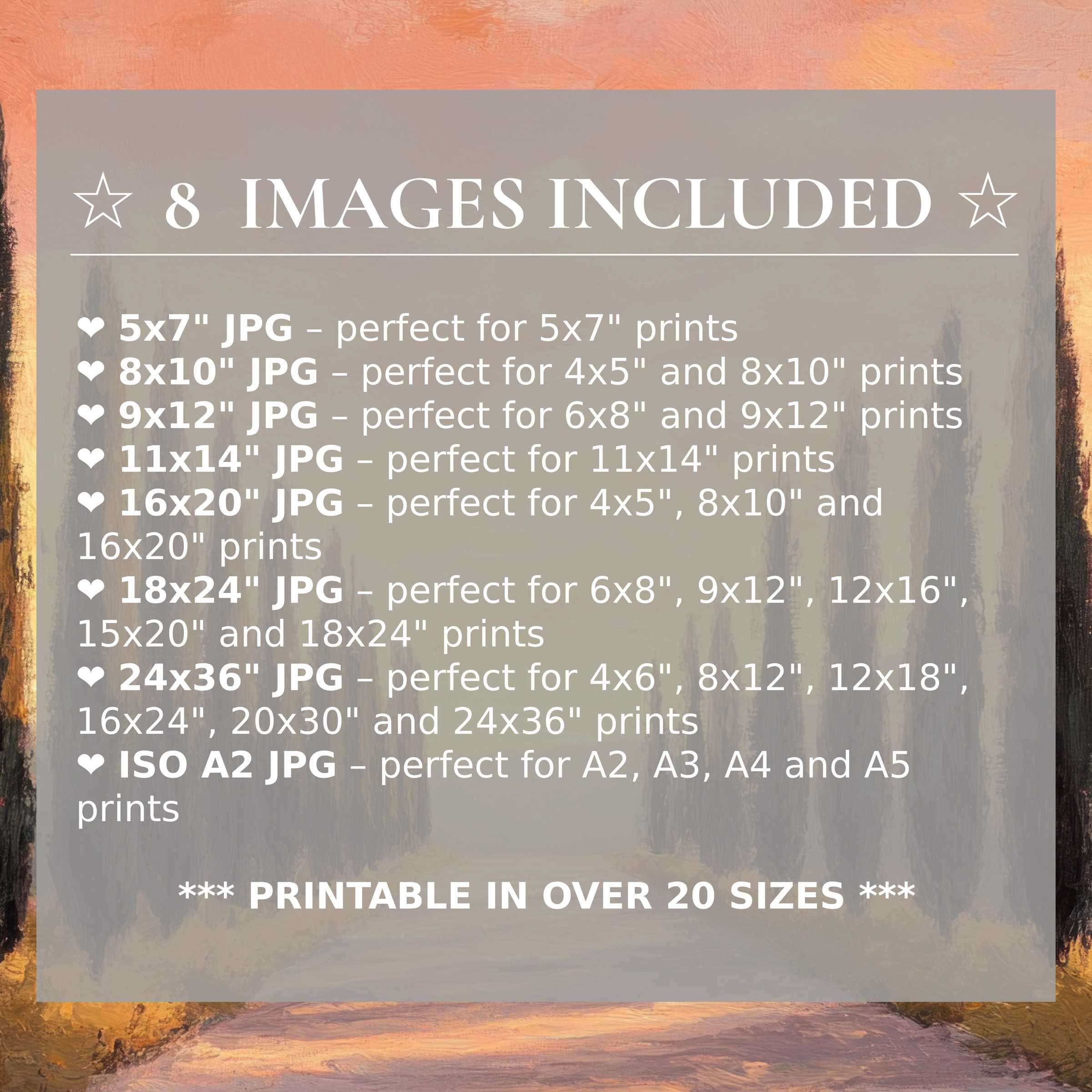 Print size guide showing 8 included JPG formats for versatile wall art printing – perfect for framing in popular sizes from 5x7 to 24x36 and A2