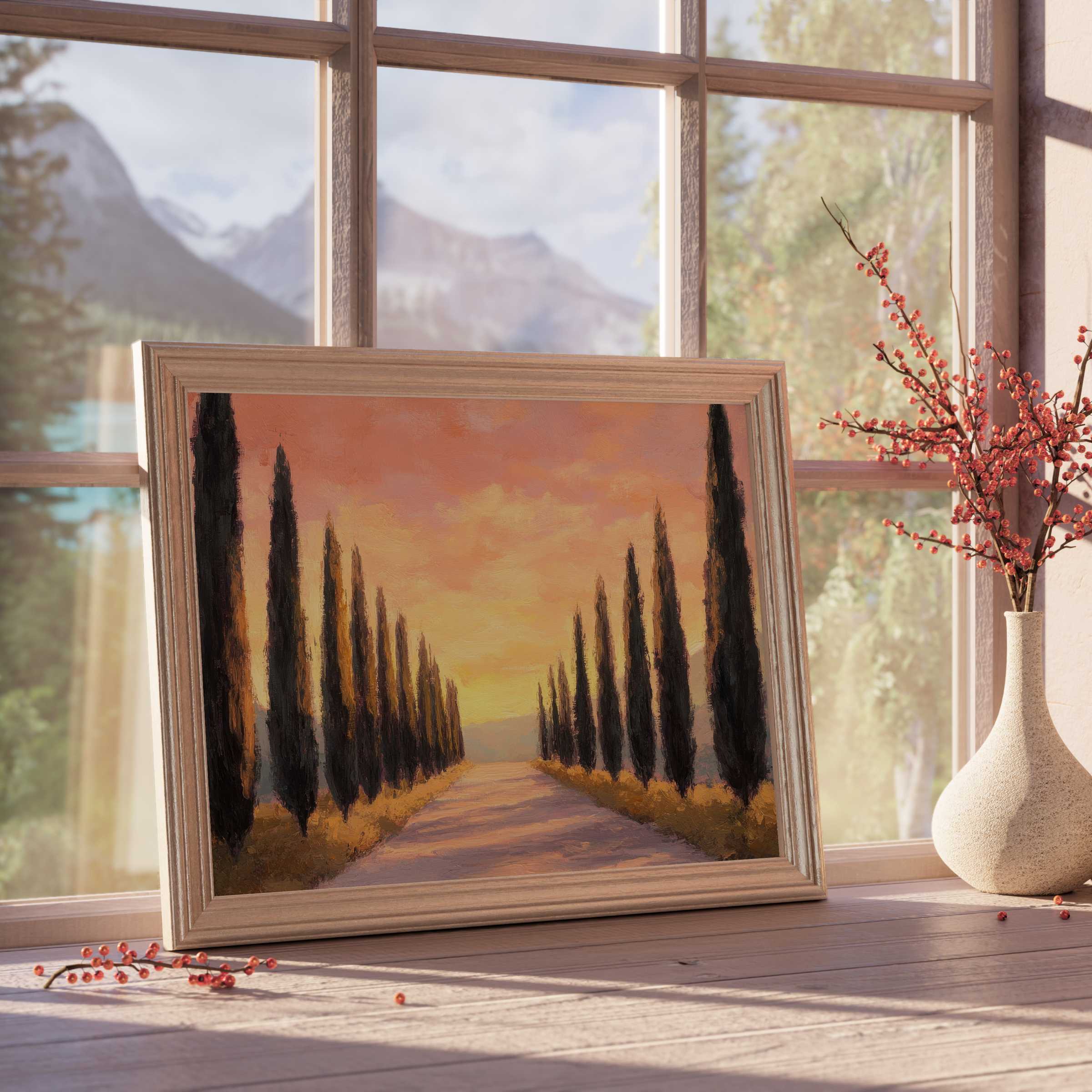 Elegant tree downloadable art capturing a tranquil sunset-lined avenue, perfect for curated, calming luxury interiors