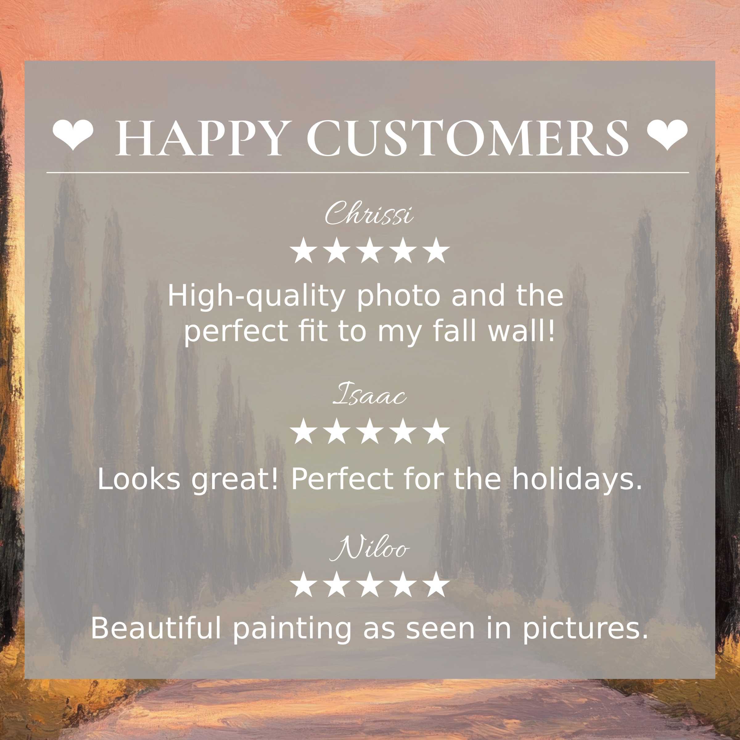 Elegant trees art for Frame TV with abstract sunset background; happy customer reviews build trust and style appeal