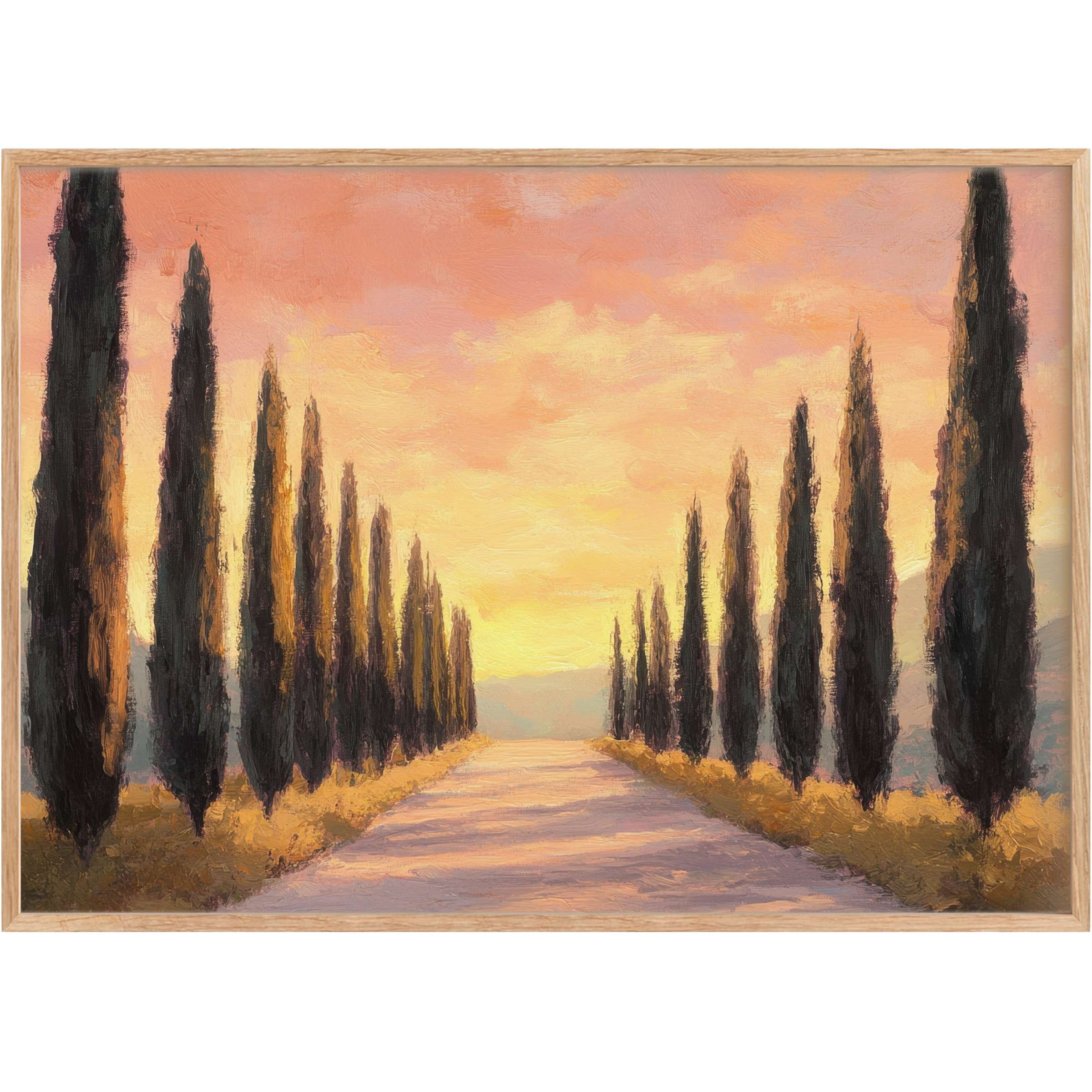 Elegant tree printable wall art featuring serene cypress silhouettes against a glowing peach and gold sunset, evoking calm and warmth