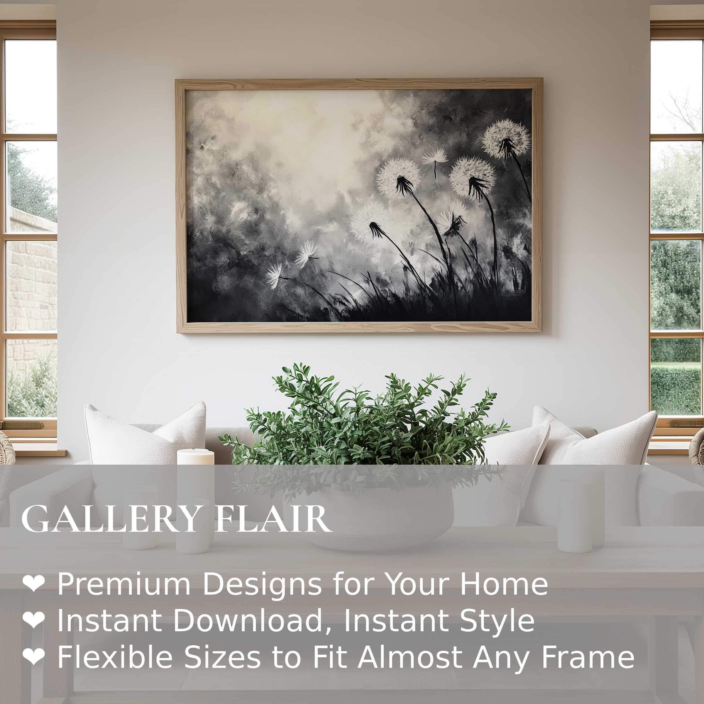 Elegant black and white wall art print of delicate dandelions in motion, enhancing modern minimalist interiors with serene, natural grace