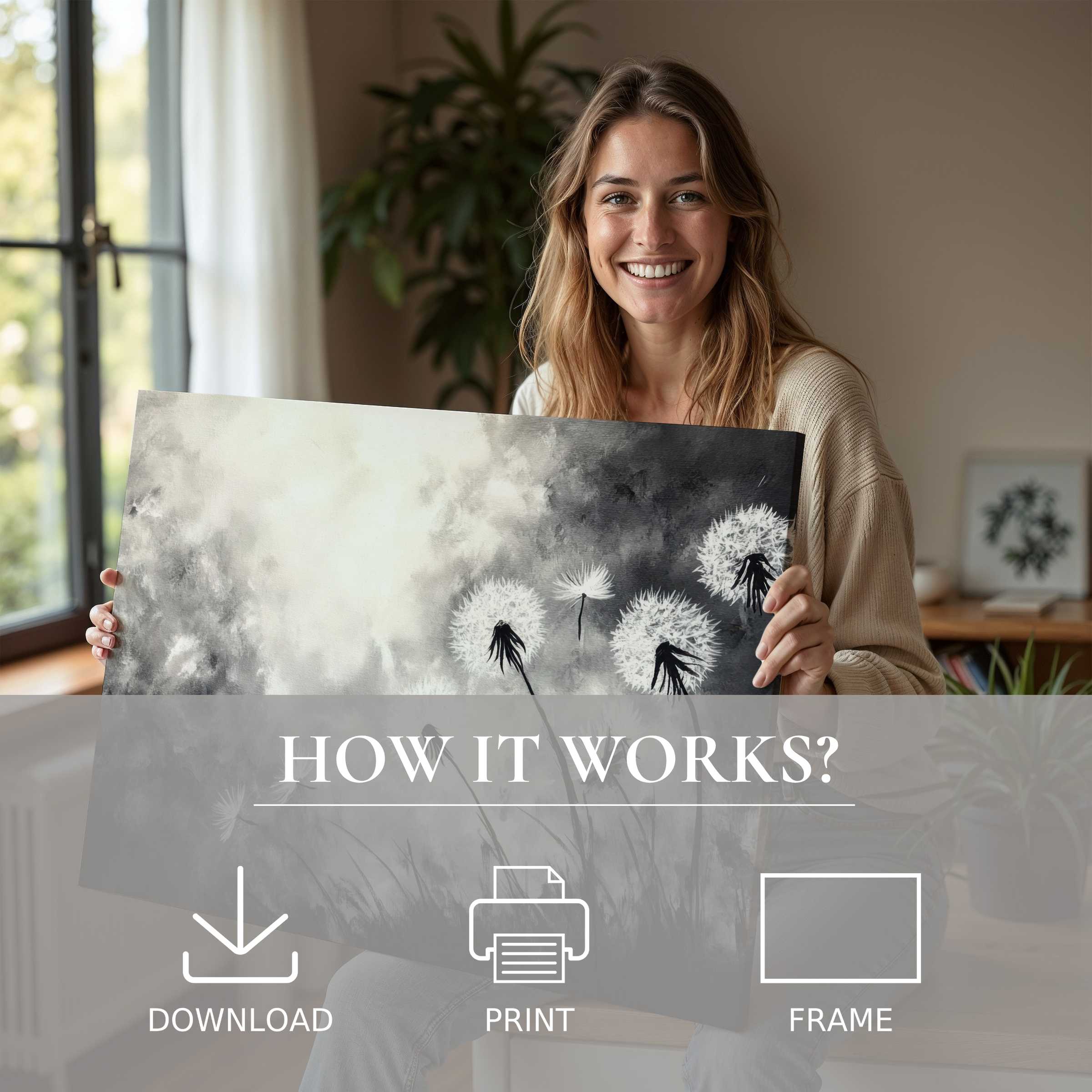 Elegant black and white digital art print capturing delicate dandelions, inspiring serene joy in a chic modern home