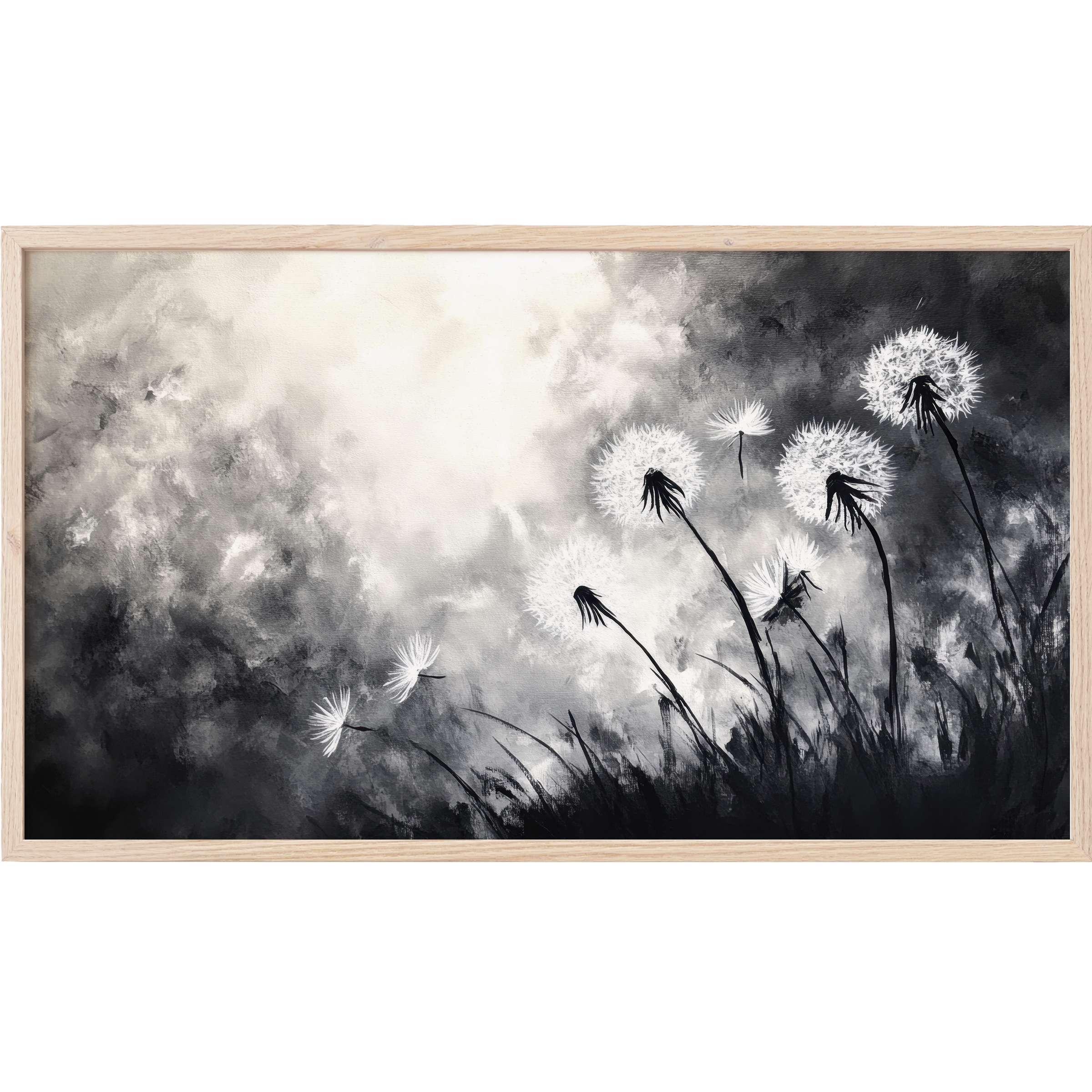 Elegant black and white Frame TV Art depicting delicate dandelions against a textured monochrome sky