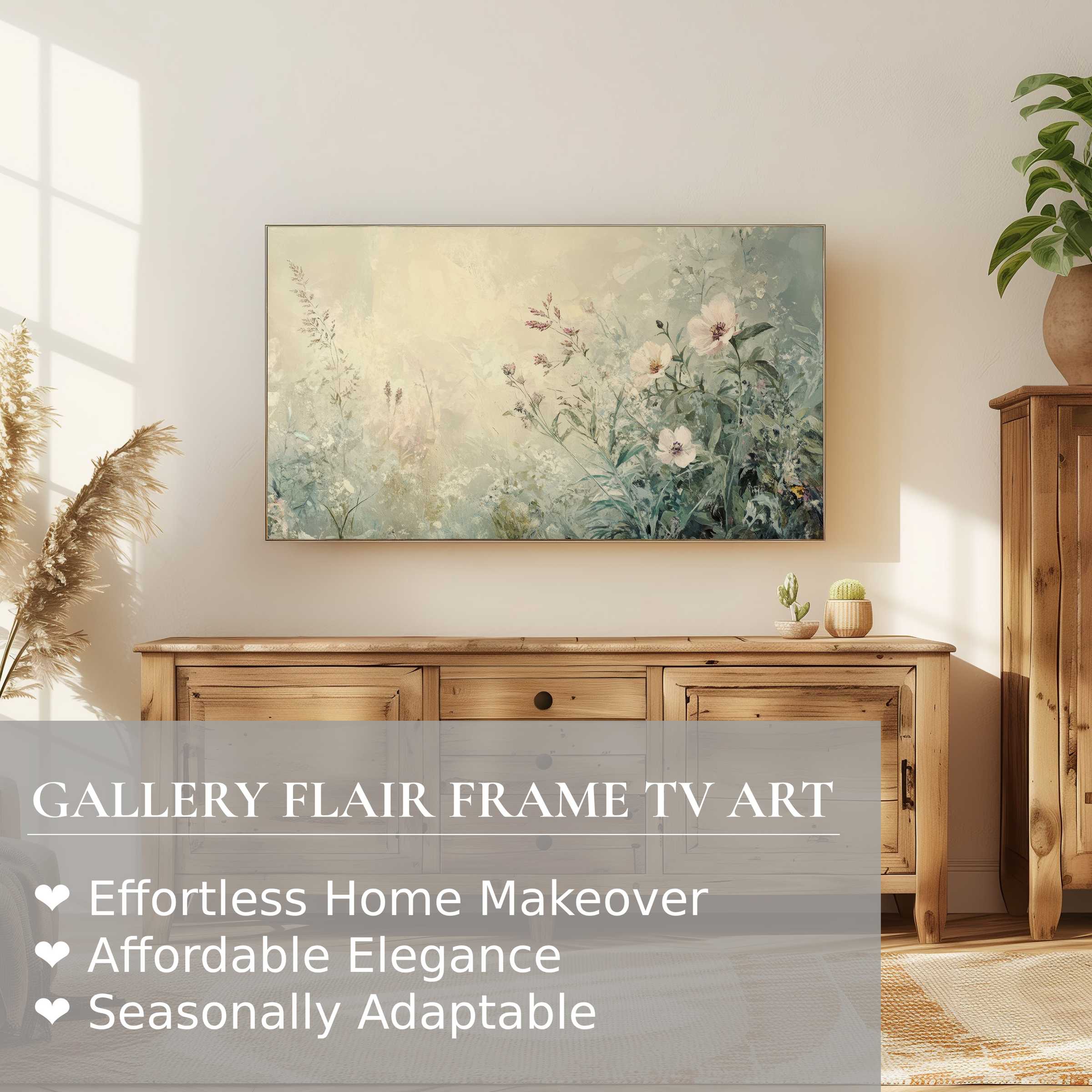 Samsung Frame TV displays botanical digital artwork in soft tones, enhancing modern, elegant home decor settings