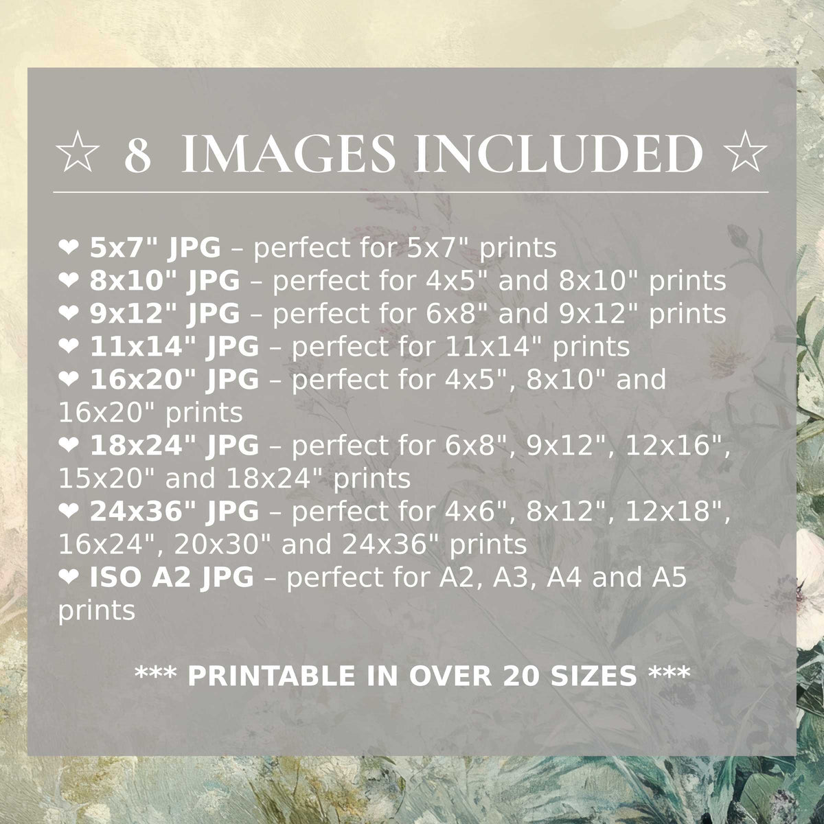 Botanical digital print with soft, muted greens and creams, radiating calming elegance; includes 8 high-quality sizes for versatile modern decor