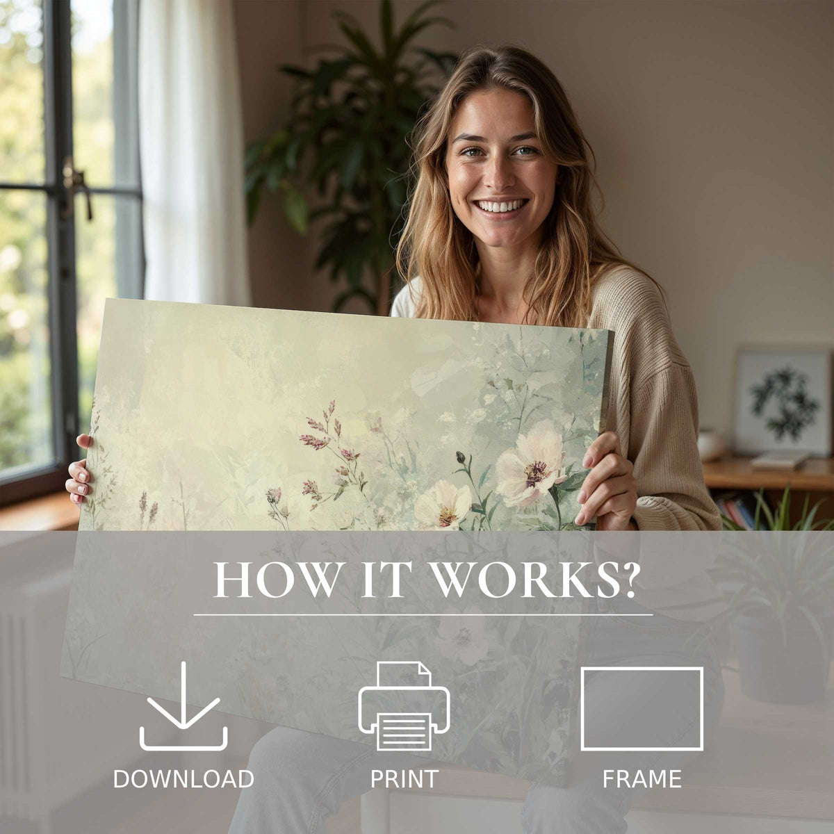 A joyful moment embracing a botanical digital art print, revealing timeless beauty and effortless elegance in modern home living