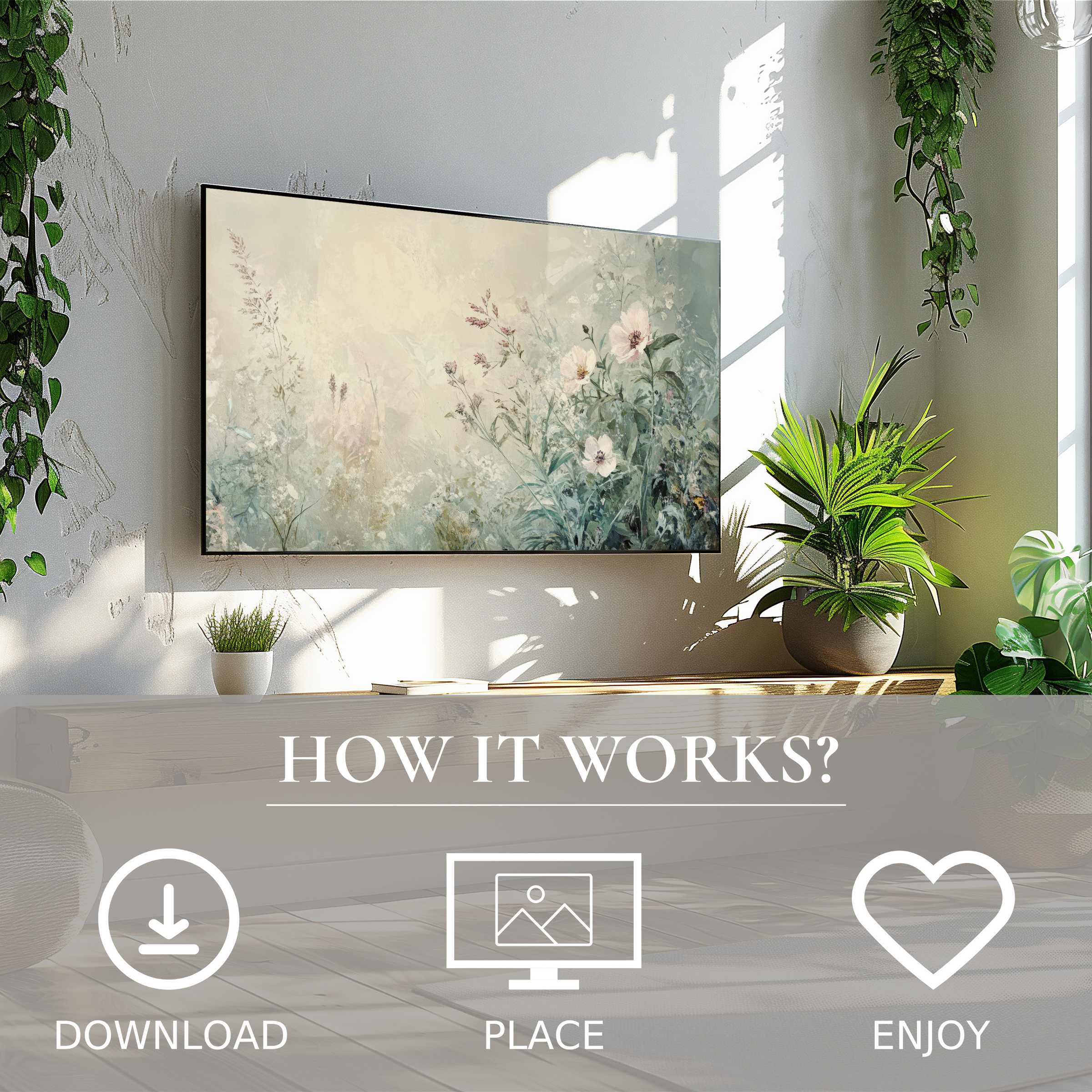 Botanical art for Samsung TV with soft floral tones, easy digital download enriches your modern living space