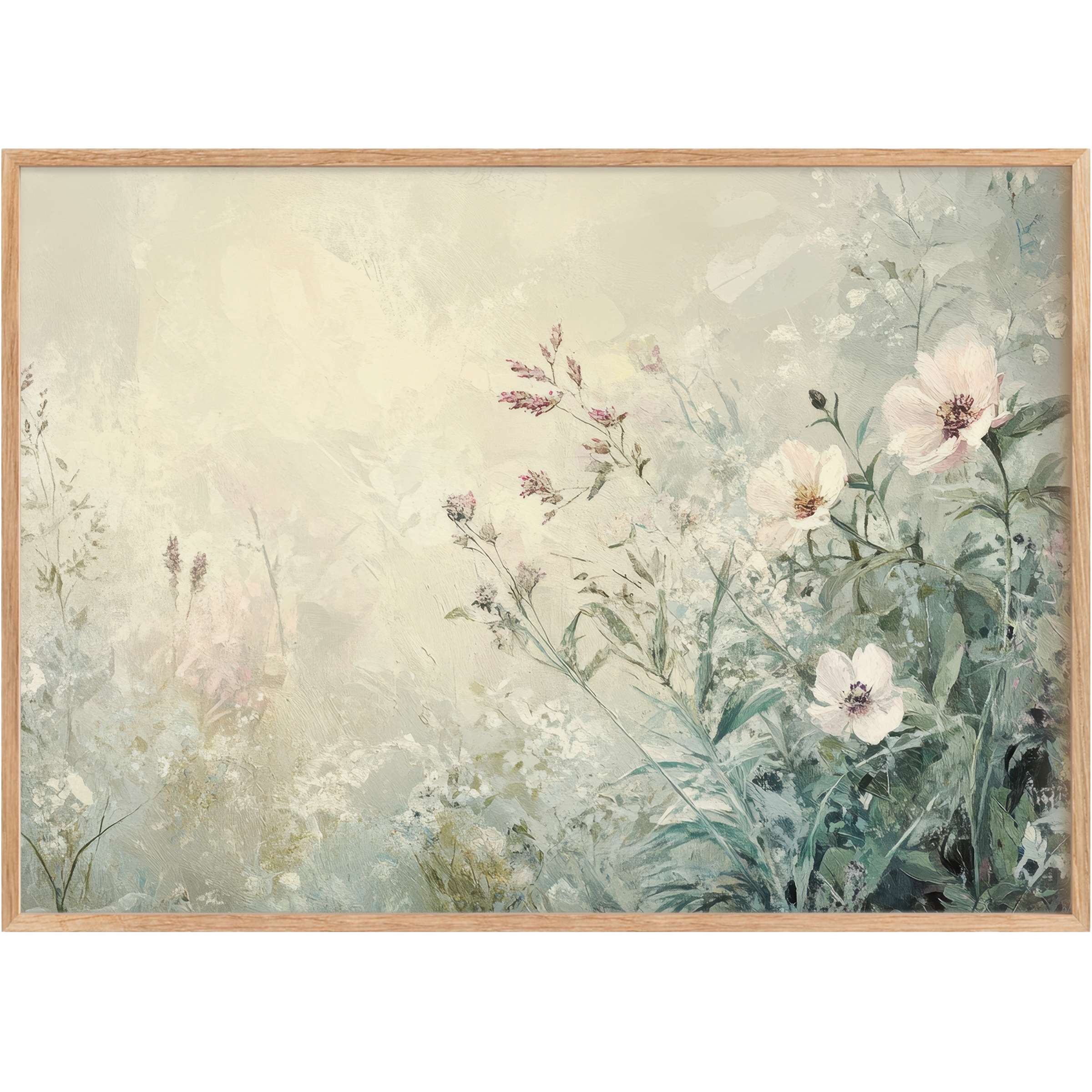 Botanical printable wall art featuring delicate white blossoms and soft greens, evoking a serene, airy ambiance