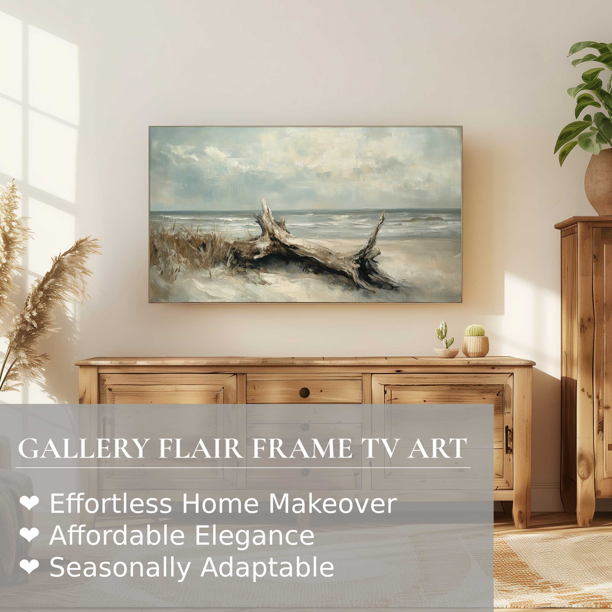 Samsung Frame TV displays coastal digital artwork in soft hues, enhancing refined, modern home decor with serene elegance
